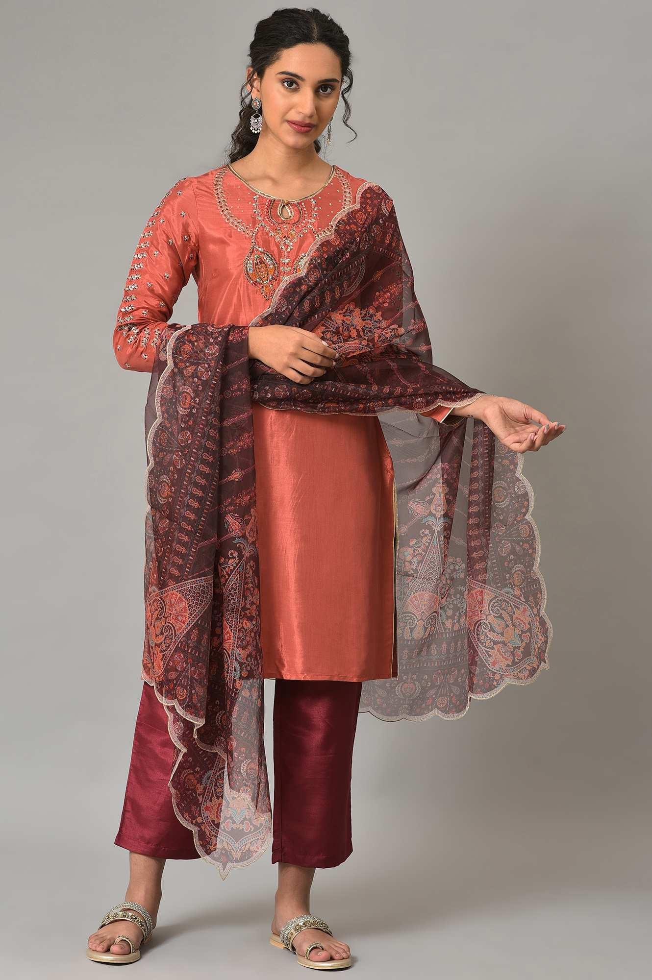 Coral Embroidered kurta With Dark Red Pants And Printed Dupatta - wforwoman