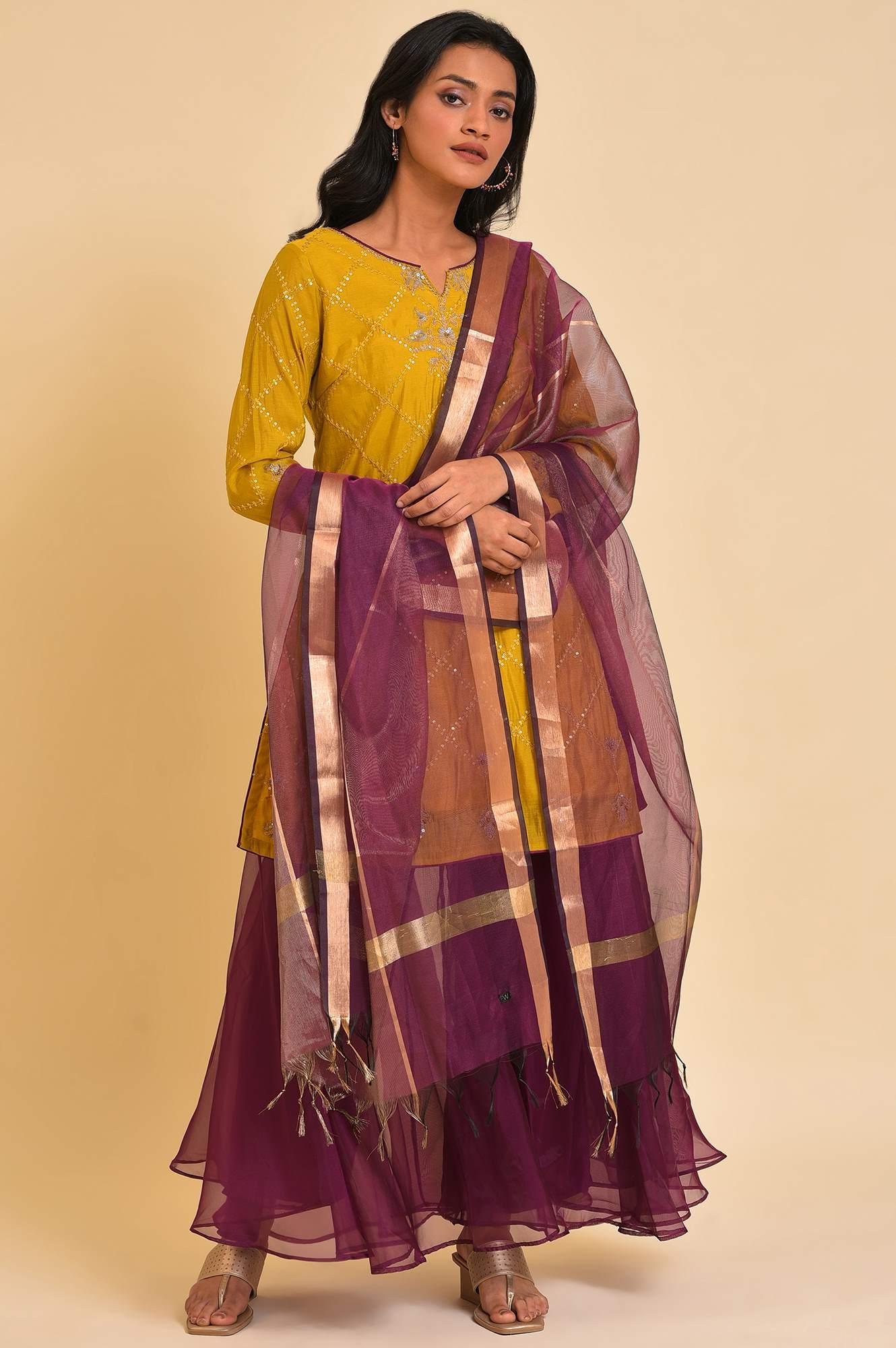 Yellow Embellished Short kurta, Culottes And Dupatta Set - wforwoman