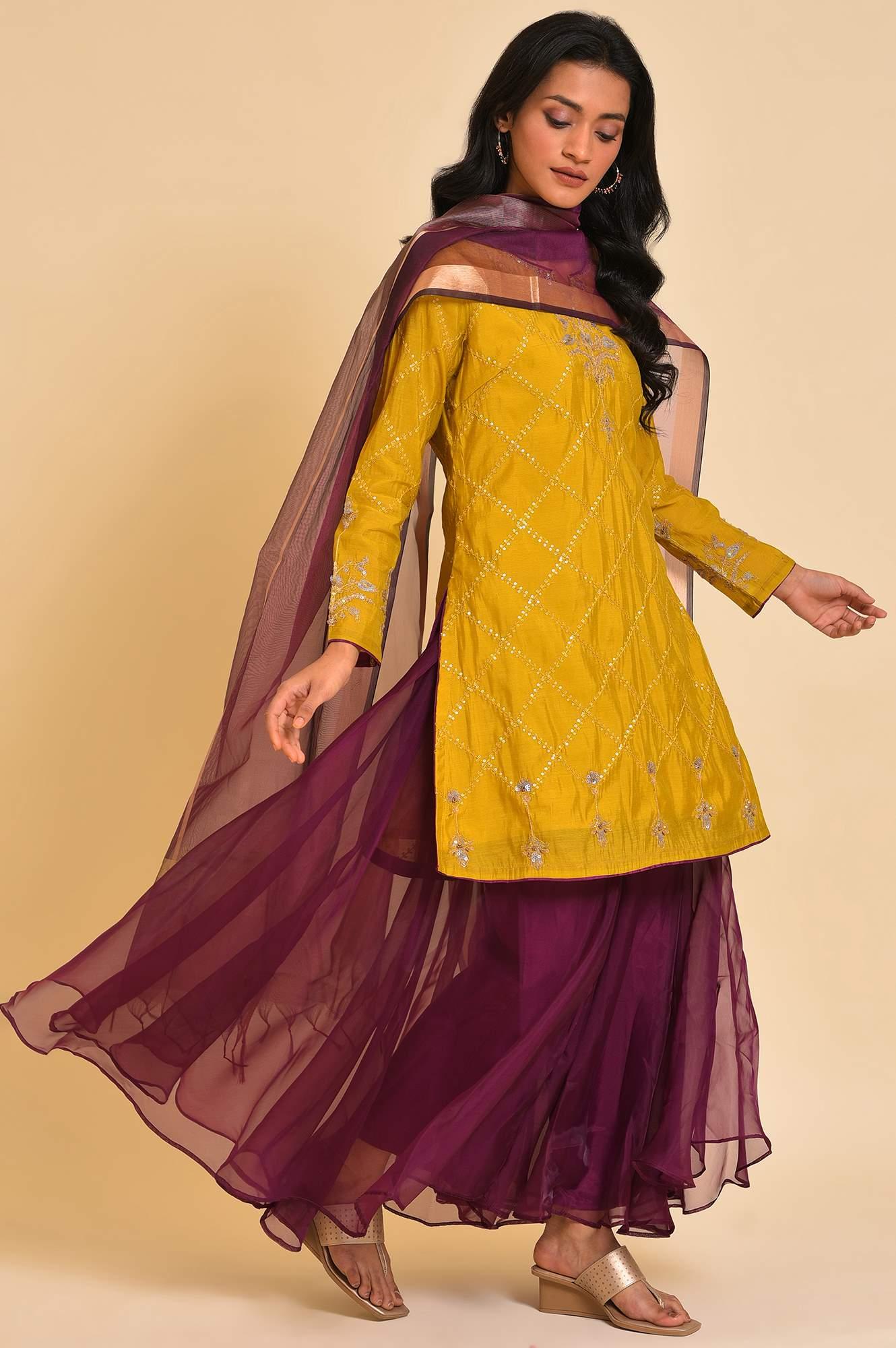 Yellow Embellished Short kurta, Culottes And Dupatta Set - wforwoman