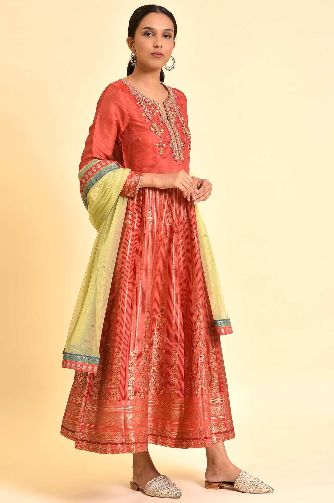 Orange Tamil Silk Embellished Dress & Dupatta Set - wforwoman