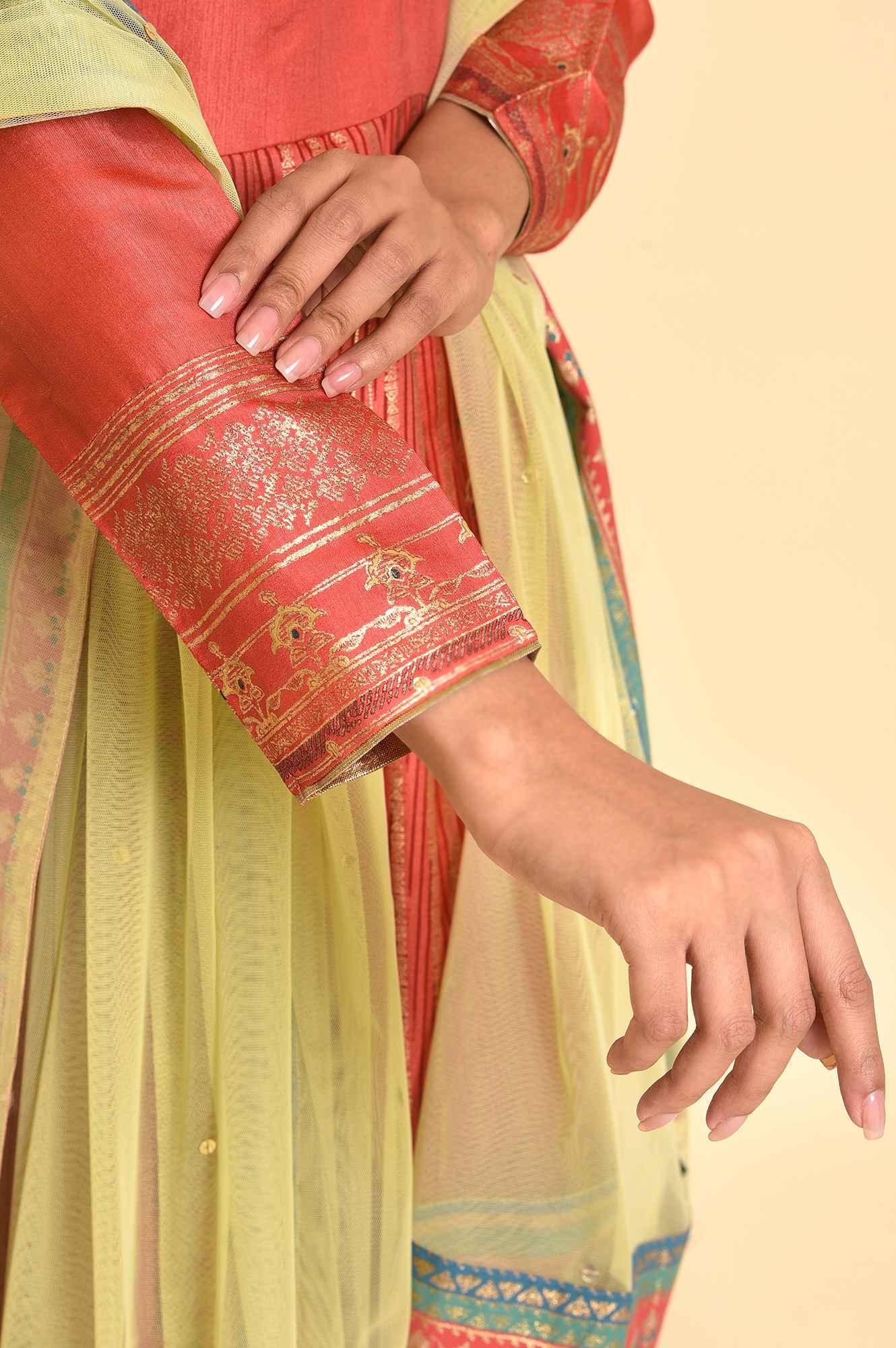 Orange Tamil Silk Embellished Dress & Dupatta Set - wforwoman