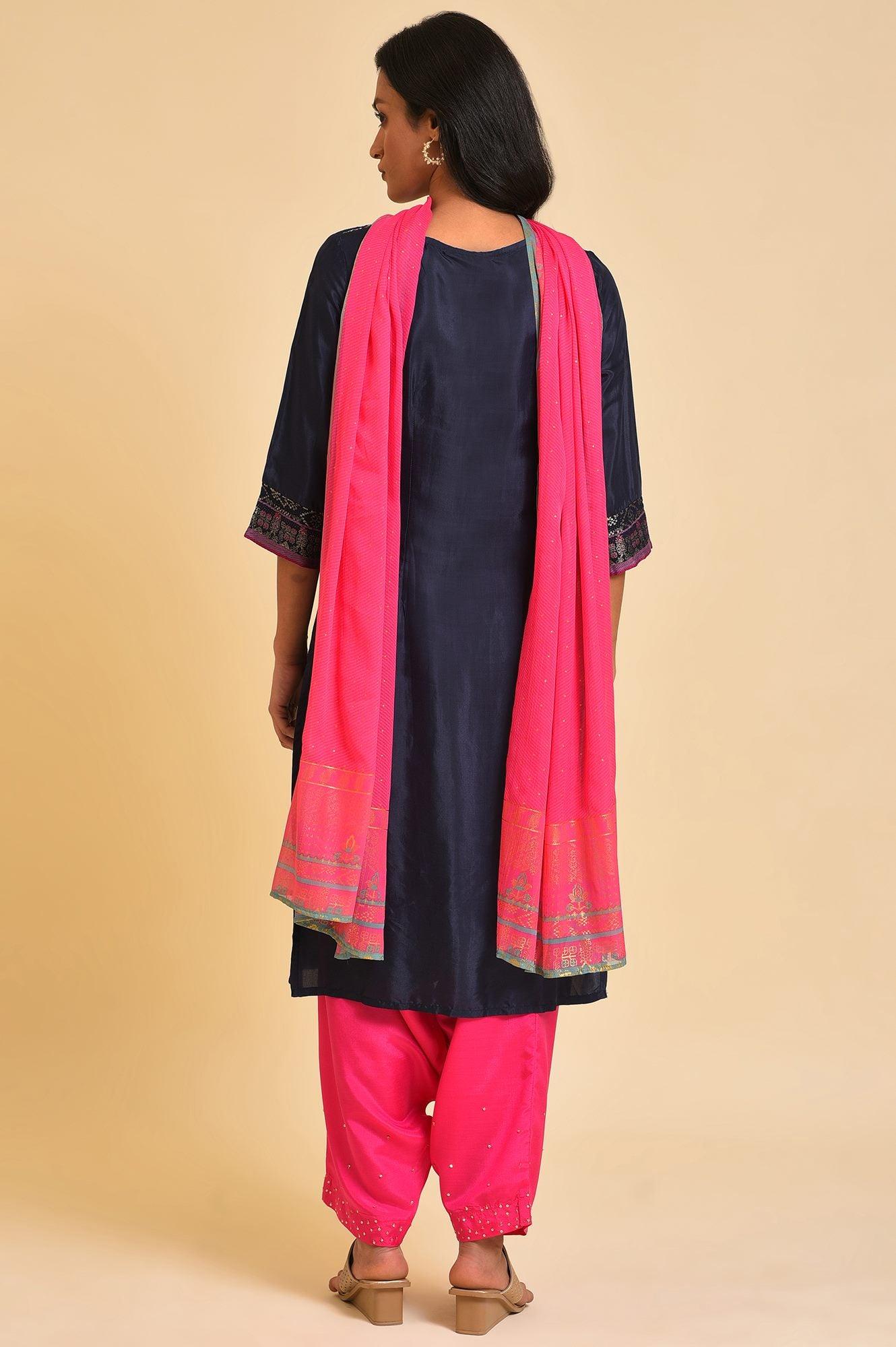Navy Blue Festive kurta, Embroidered Salwar & Dupatta - wforwoman