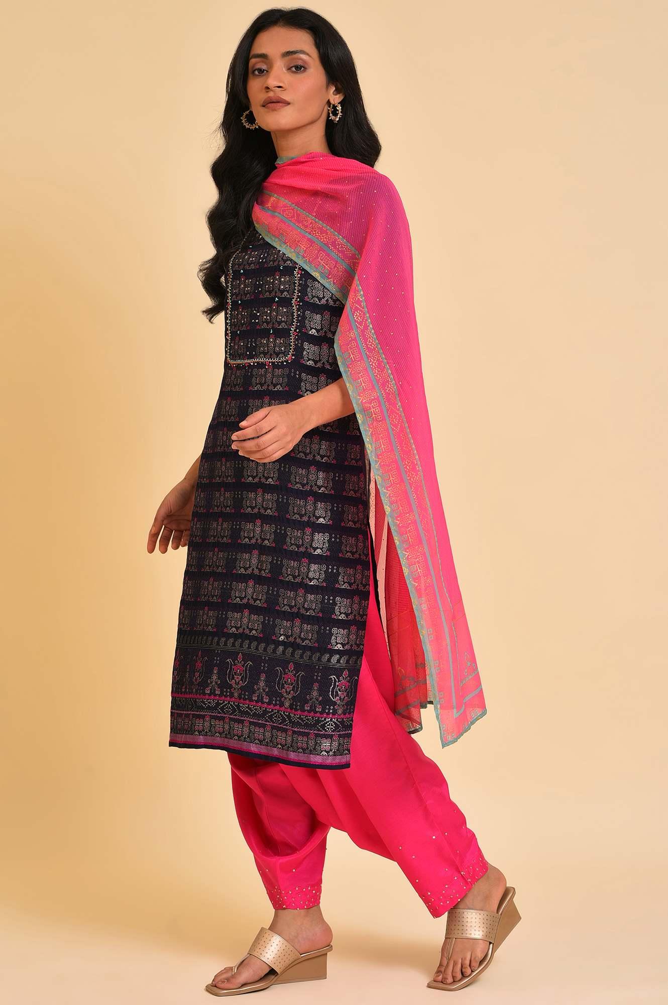 Navy Blue Festive kurta, Embroidered Salwar & Dupatta - wforwoman