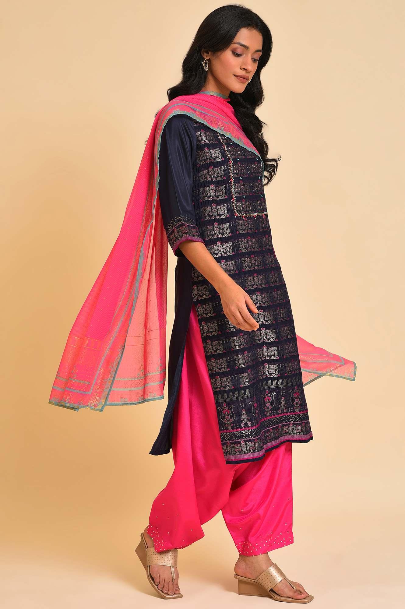 Navy Blue Festive kurta, Embroidered Salwar & Dupatta - wforwoman