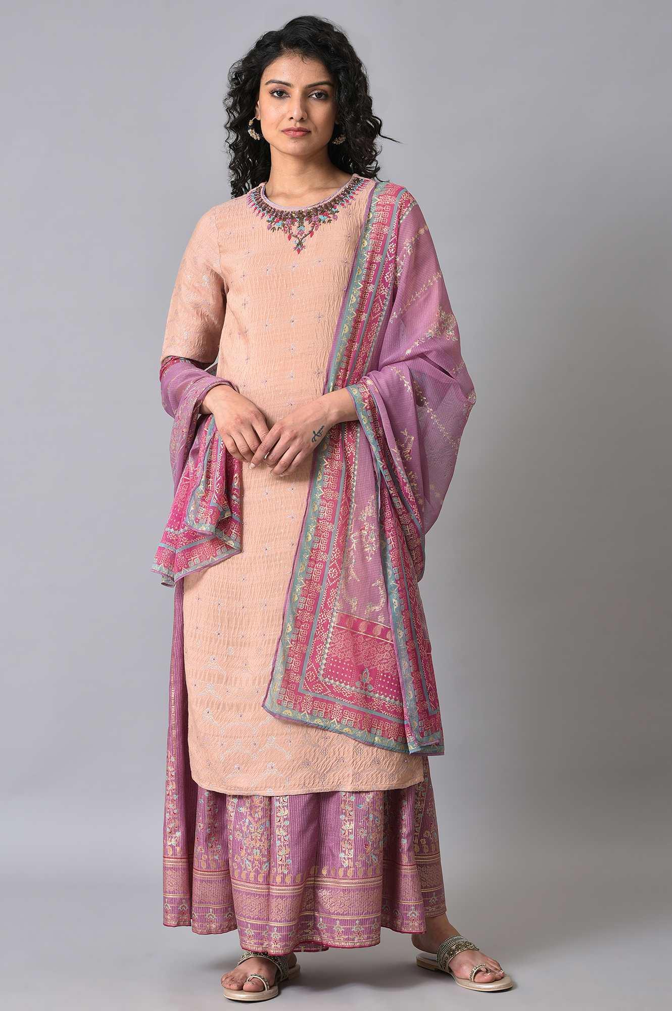 Peach Embroidered kurta With Sharara Set - wforwoman