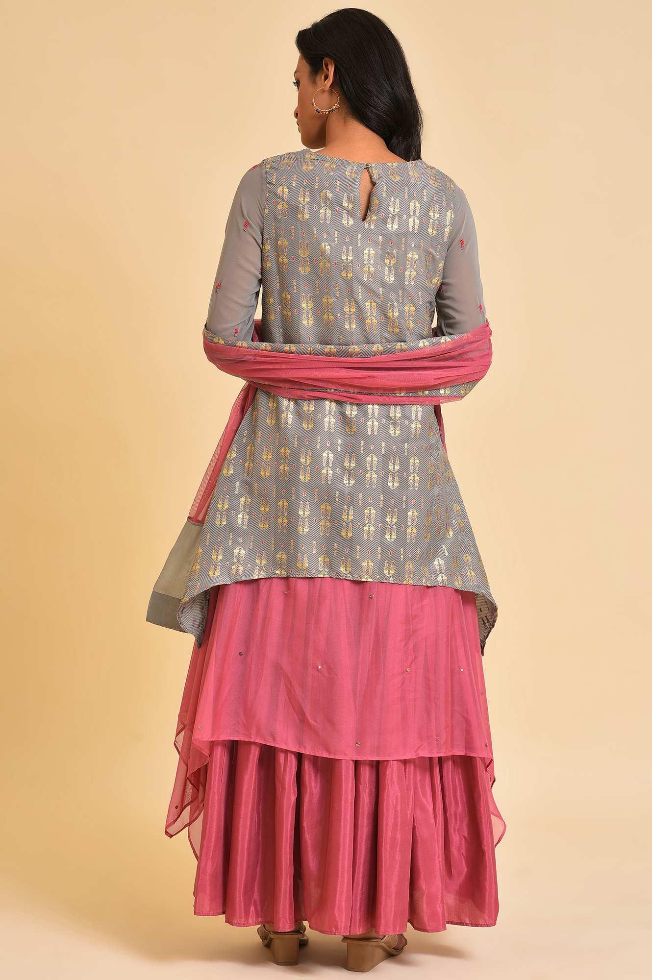 Grey And Pink Layered Asymmetric Dress & Dupatta Set - wforwoman
