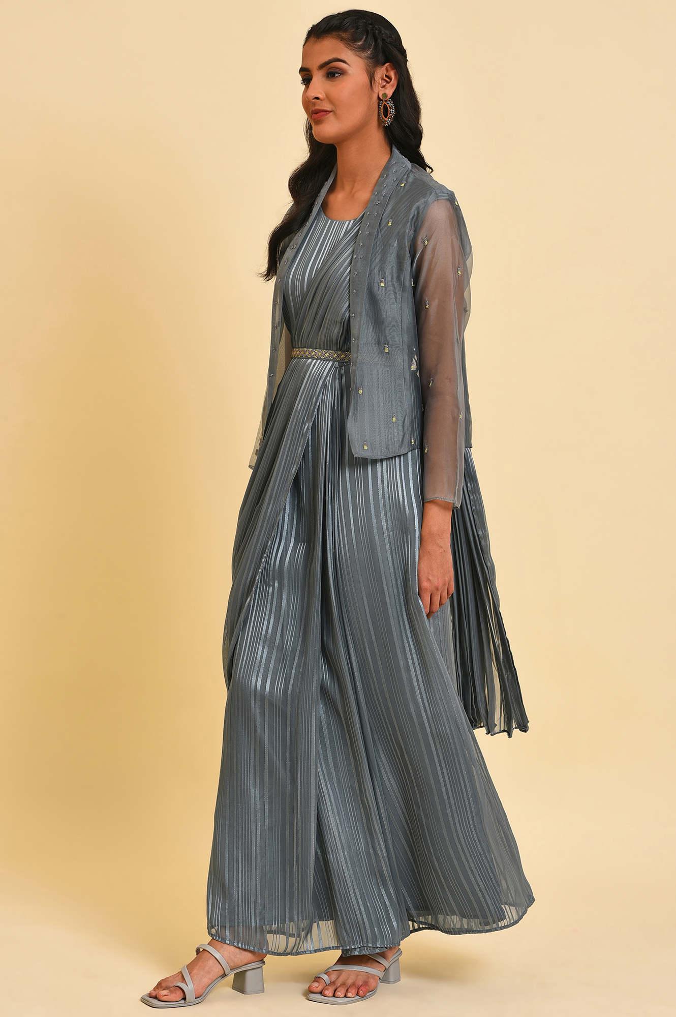 Grey Festive Predrape Saree With Short Jacket - wforwoman
