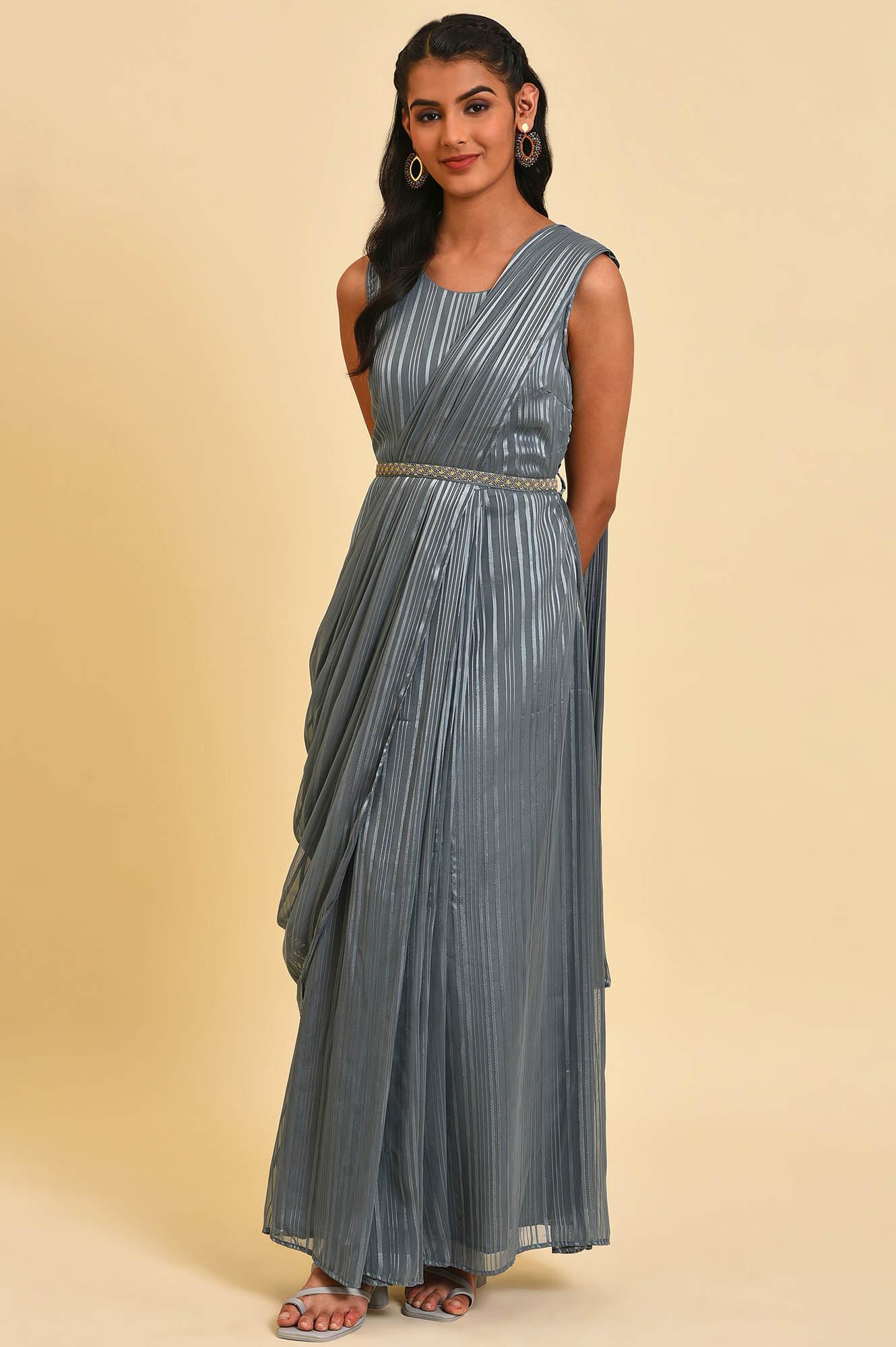 Grey Festive Predrape Saree With Short Jacket - wforwoman