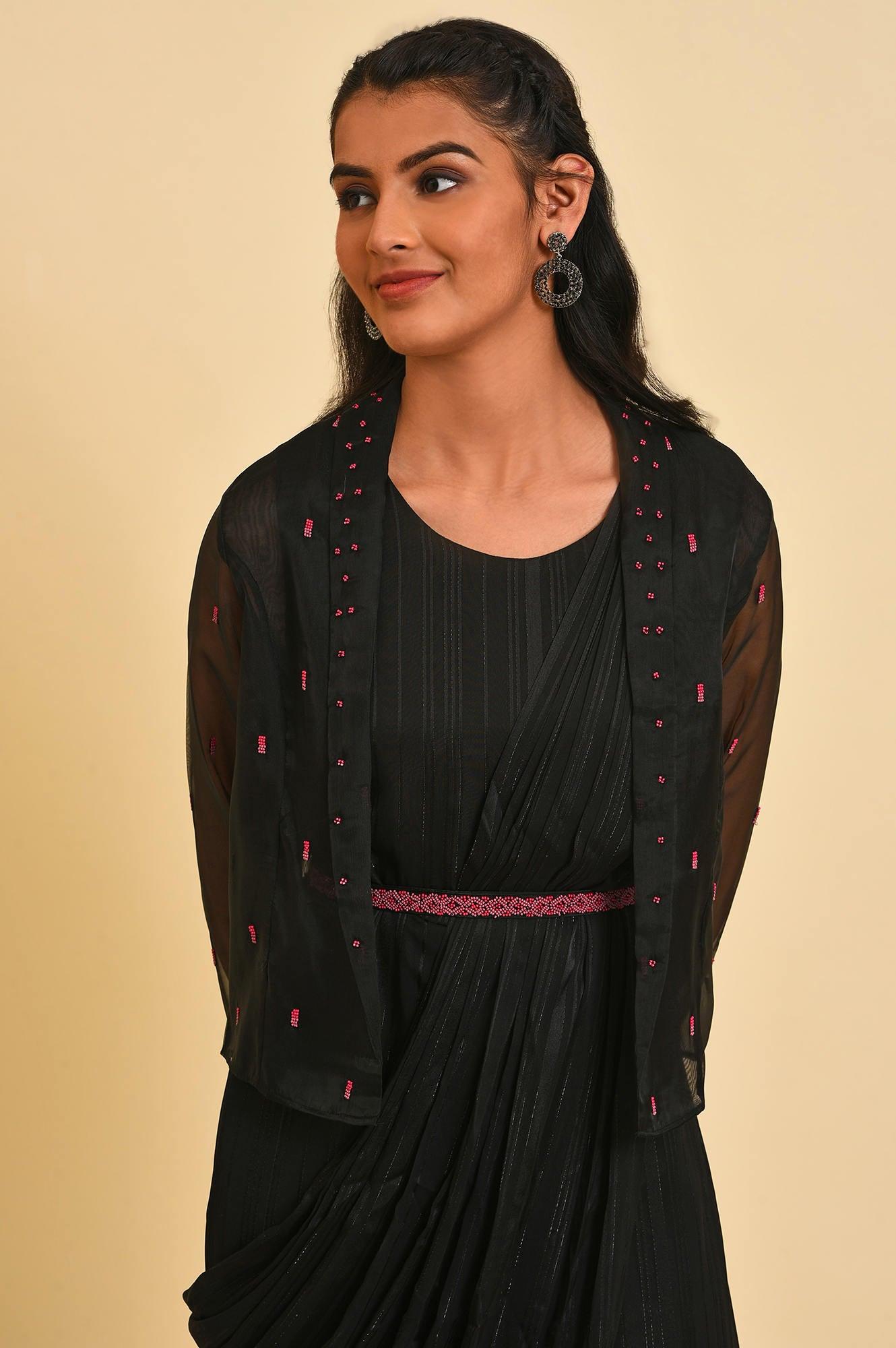 Black Festive Predrape Saree With Short Jacket - wforwoman