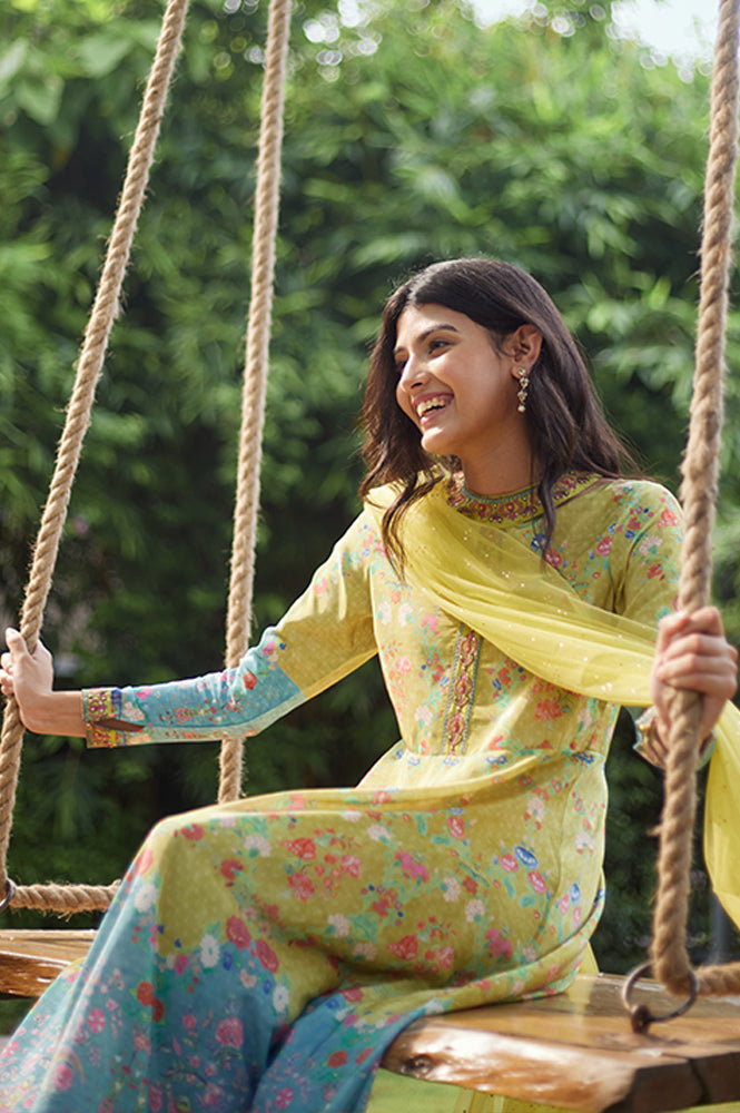 Lime Yellow Printed Long Dress & Dupatta Set