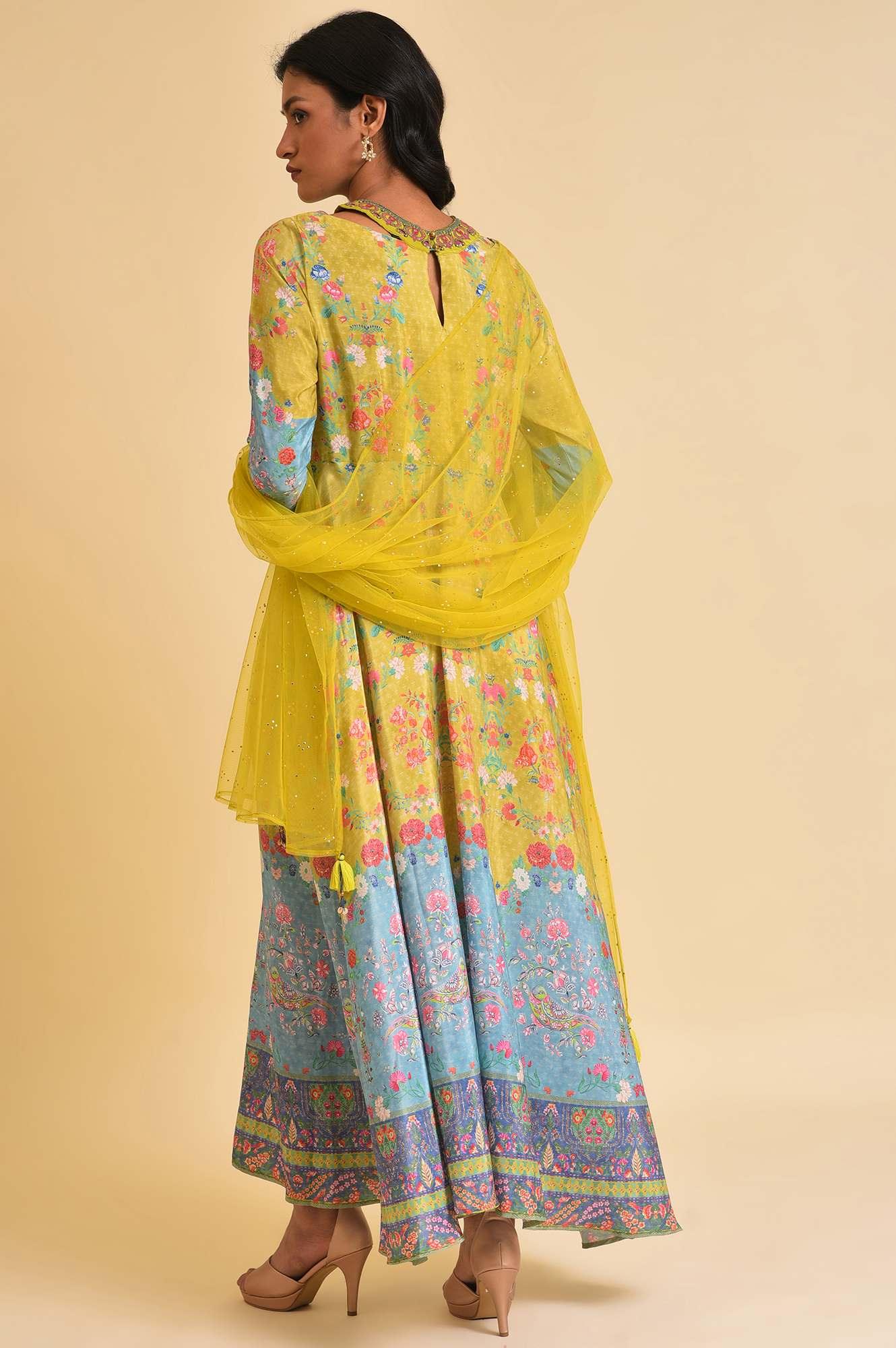 Lime Yellow Printed Long Dress & Dupatta Set - wforwoman