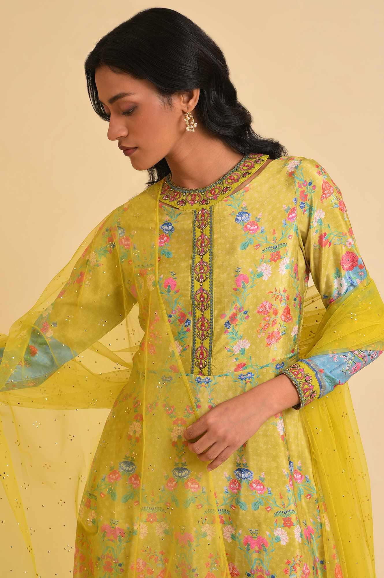 Lime Yellow Printed Long Dress & Dupatta Set - wforwoman