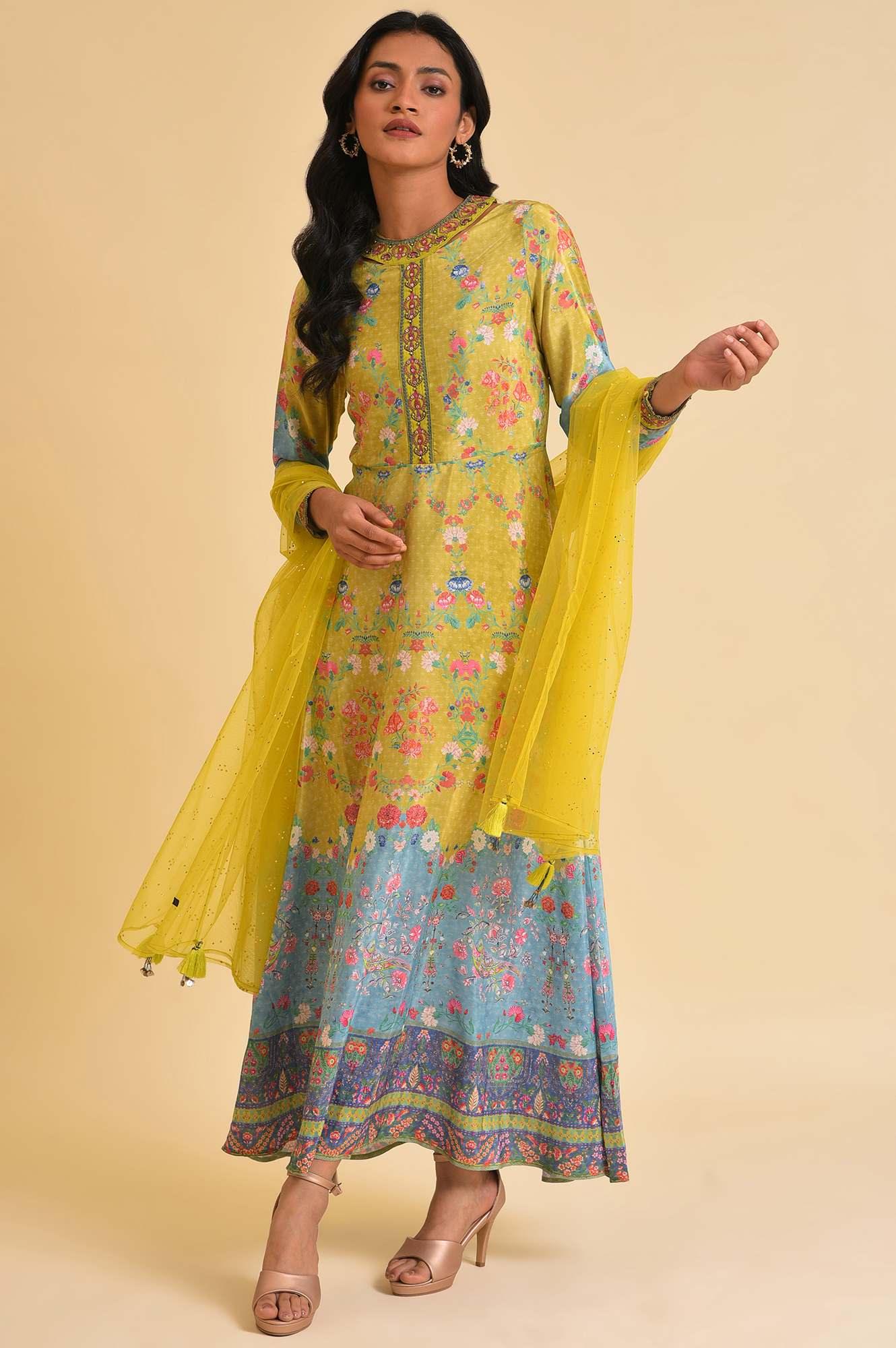 Lime Yellow Printed Long Dress & Dupatta Set - wforwoman