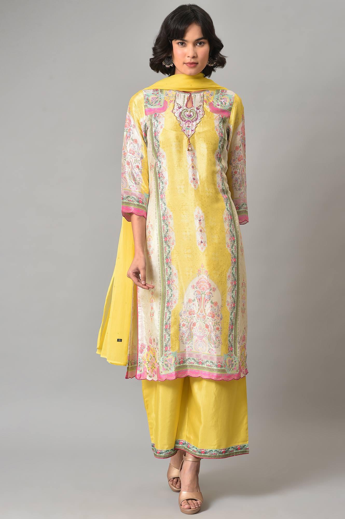 Light Yellow Printed kurta With Parallel Pants And Chiffon Dupatta - wforwoman