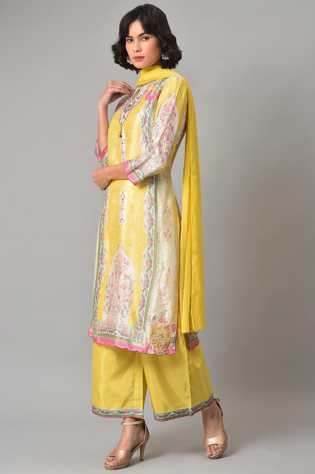 Light Yellow Printed kurta With Parallel Pants And Chiffon Dupatta - wforwoman