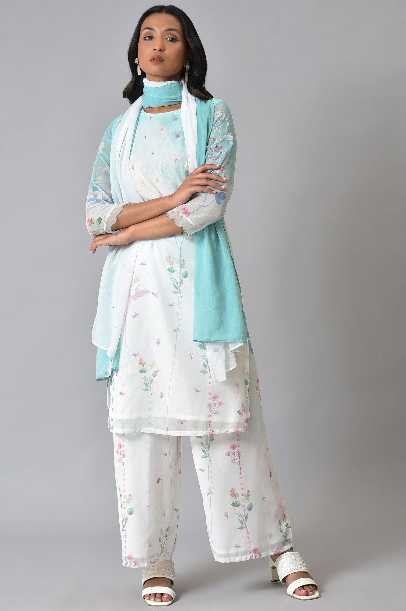 Ecru & Blue Floral Georgette kurta With Parallel Pants And Dupatta - wforwoman