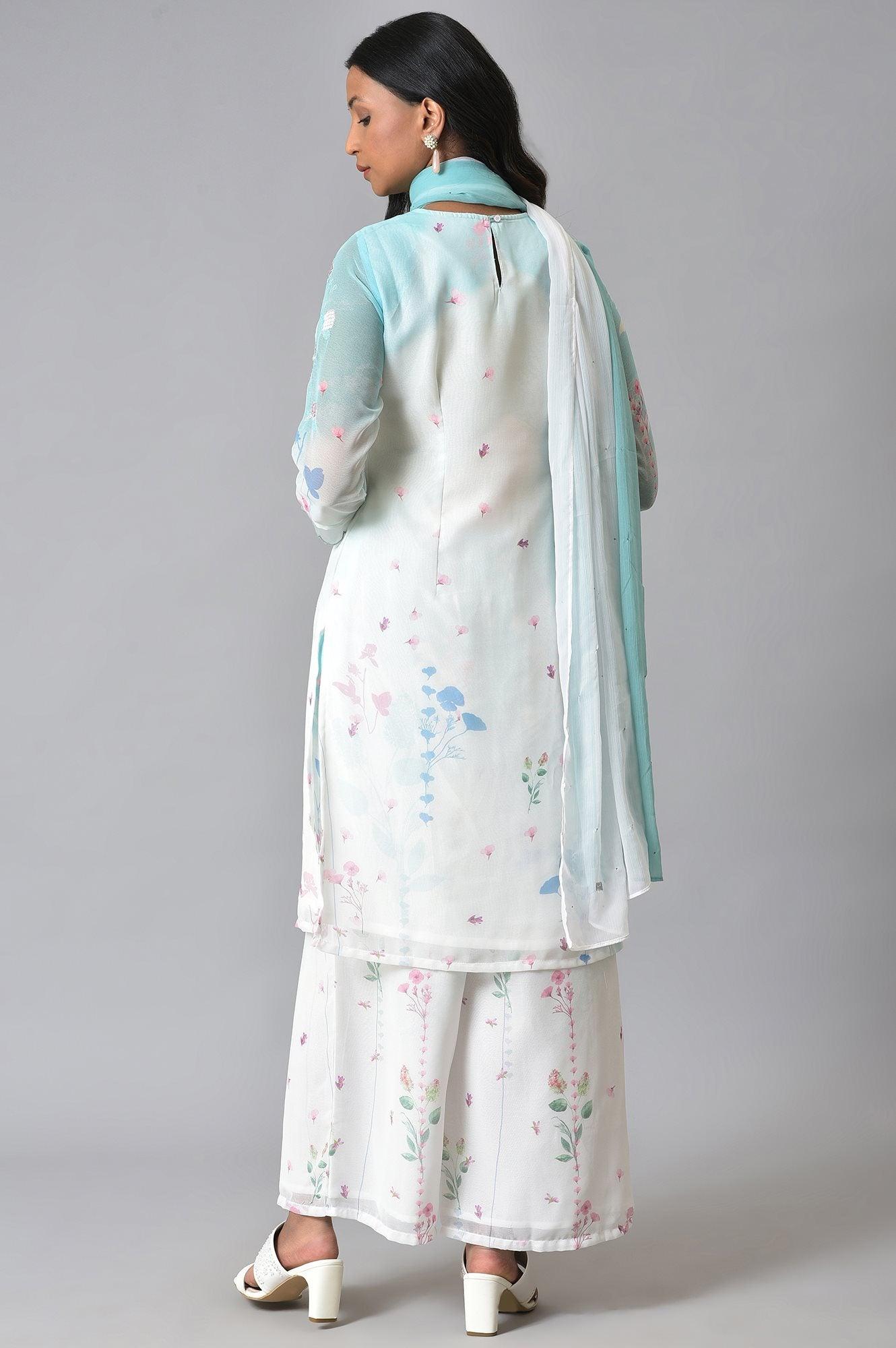 Ecru & Blue Floral Georgette kurta With Parallel Pants And Dupatta - wforwoman
