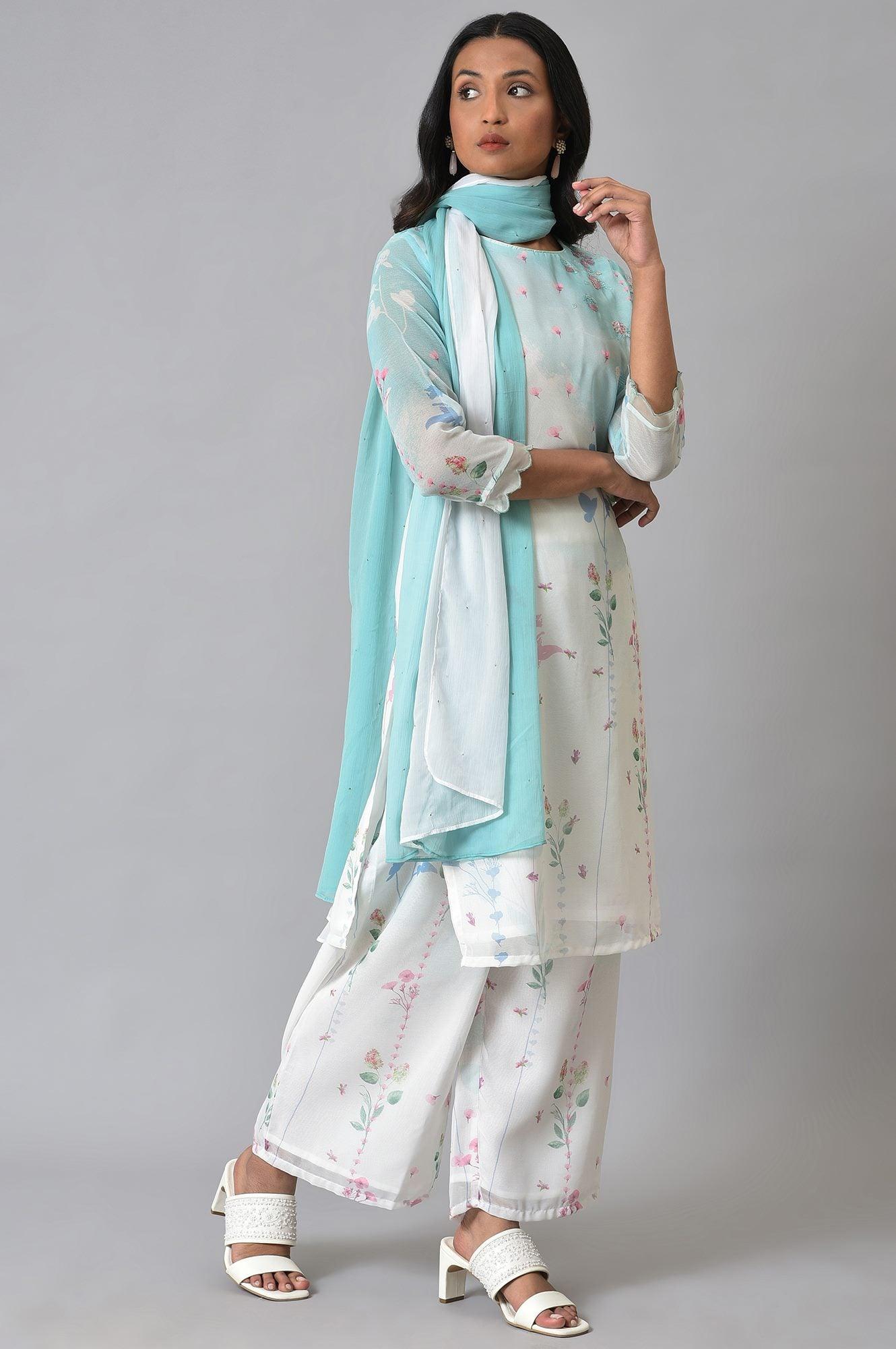 Ecru & Blue Floral Georgette kurta With Parallel Pants And Dupatta - wforwoman