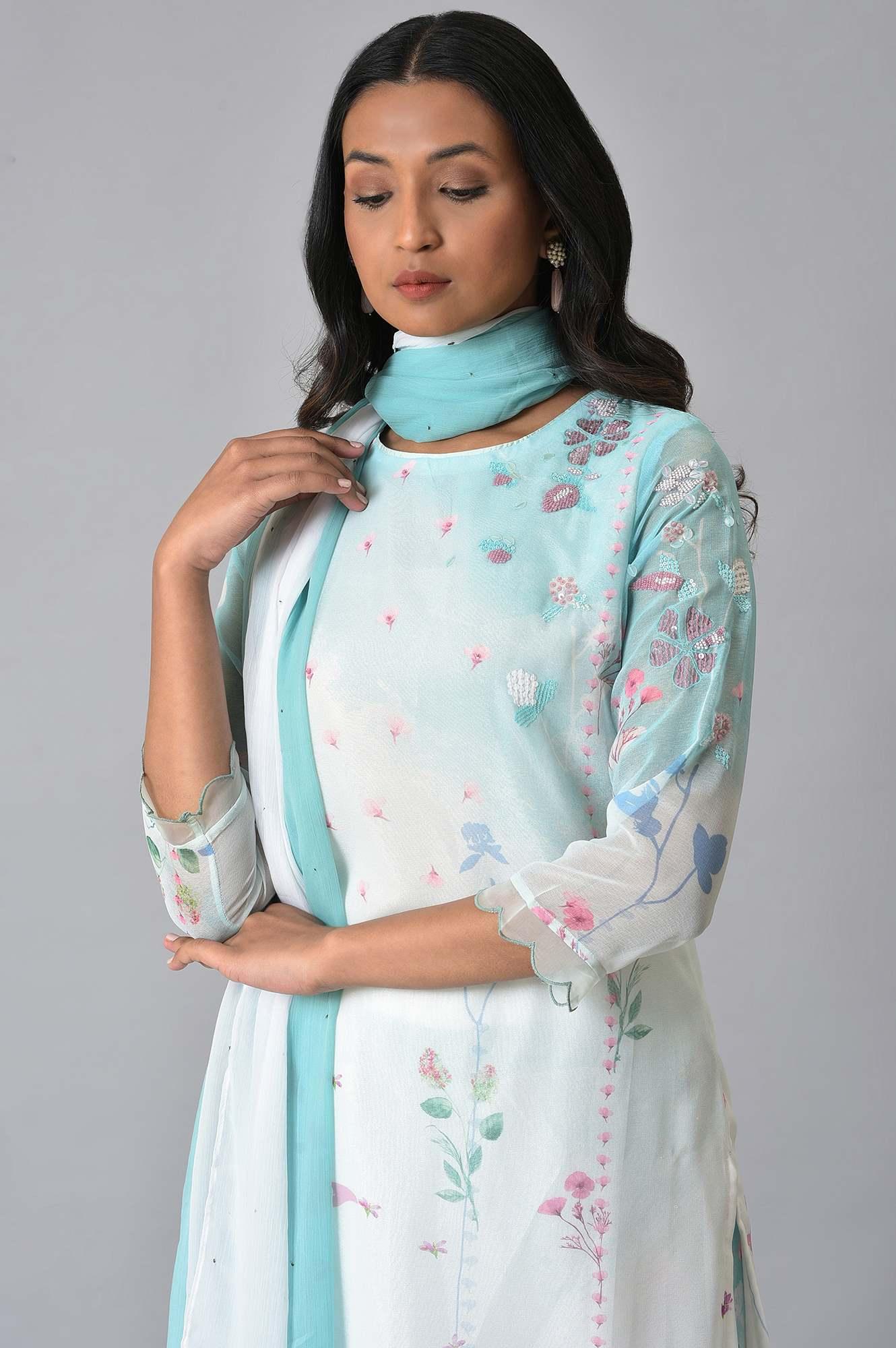 Ecru & Blue Floral Georgette kurta With Parallel Pants And Dupatta - wforwoman