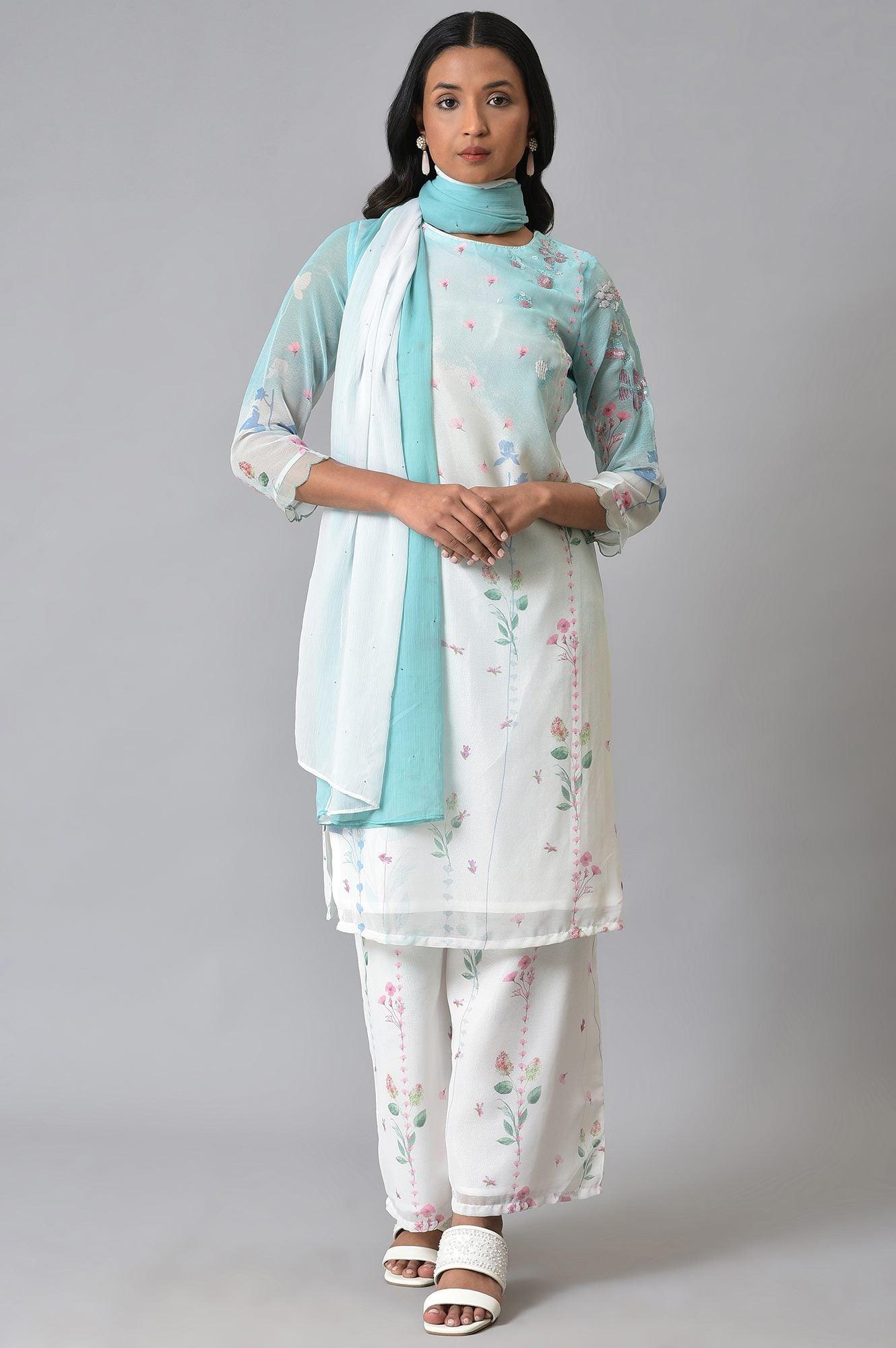 Ecru & Blue Floral Georgette kurta With Parallel Pants And Dupatta - wforwoman