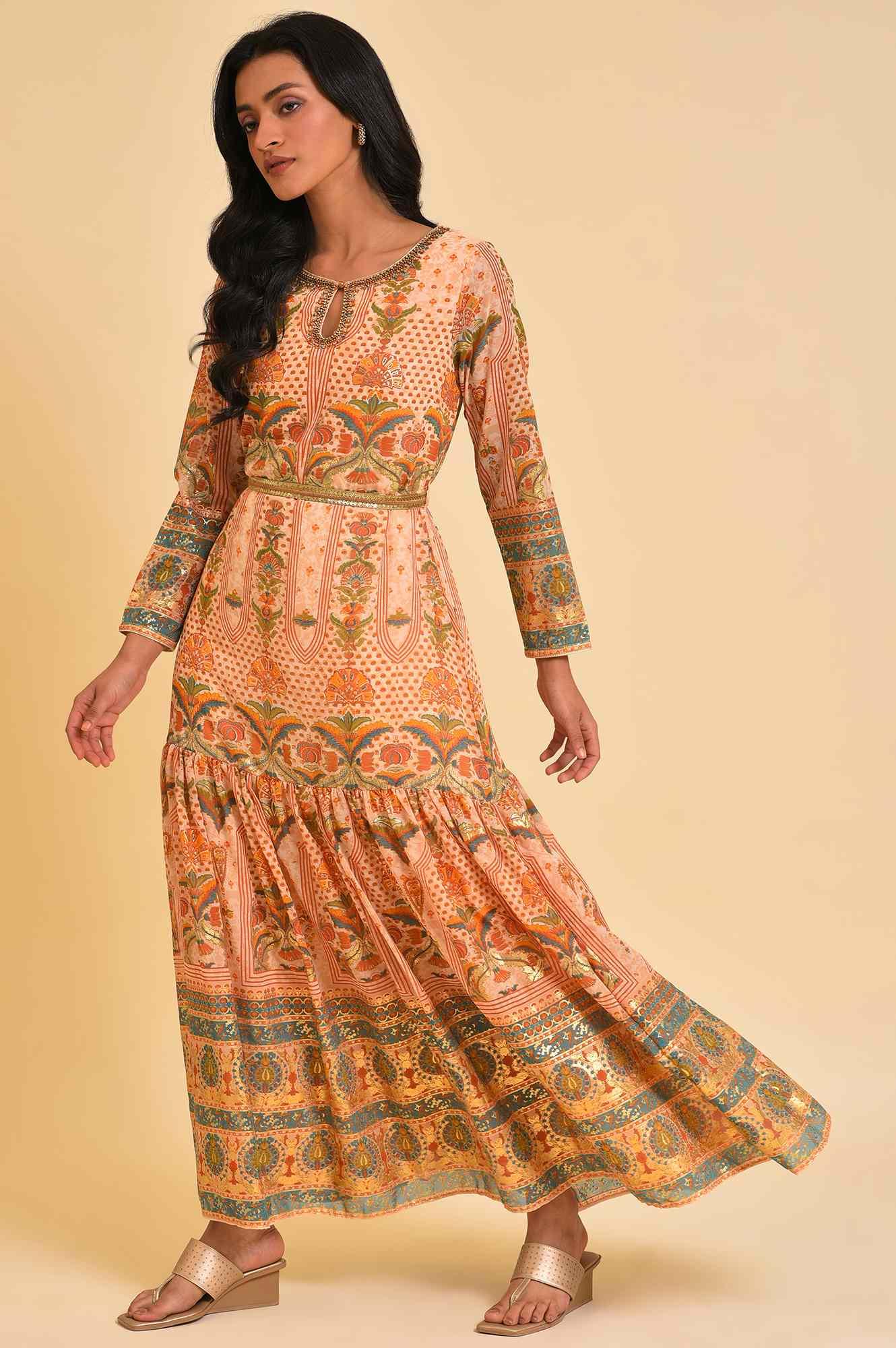 Beige Printed Tiered Dress With Embroidery - wforwoman