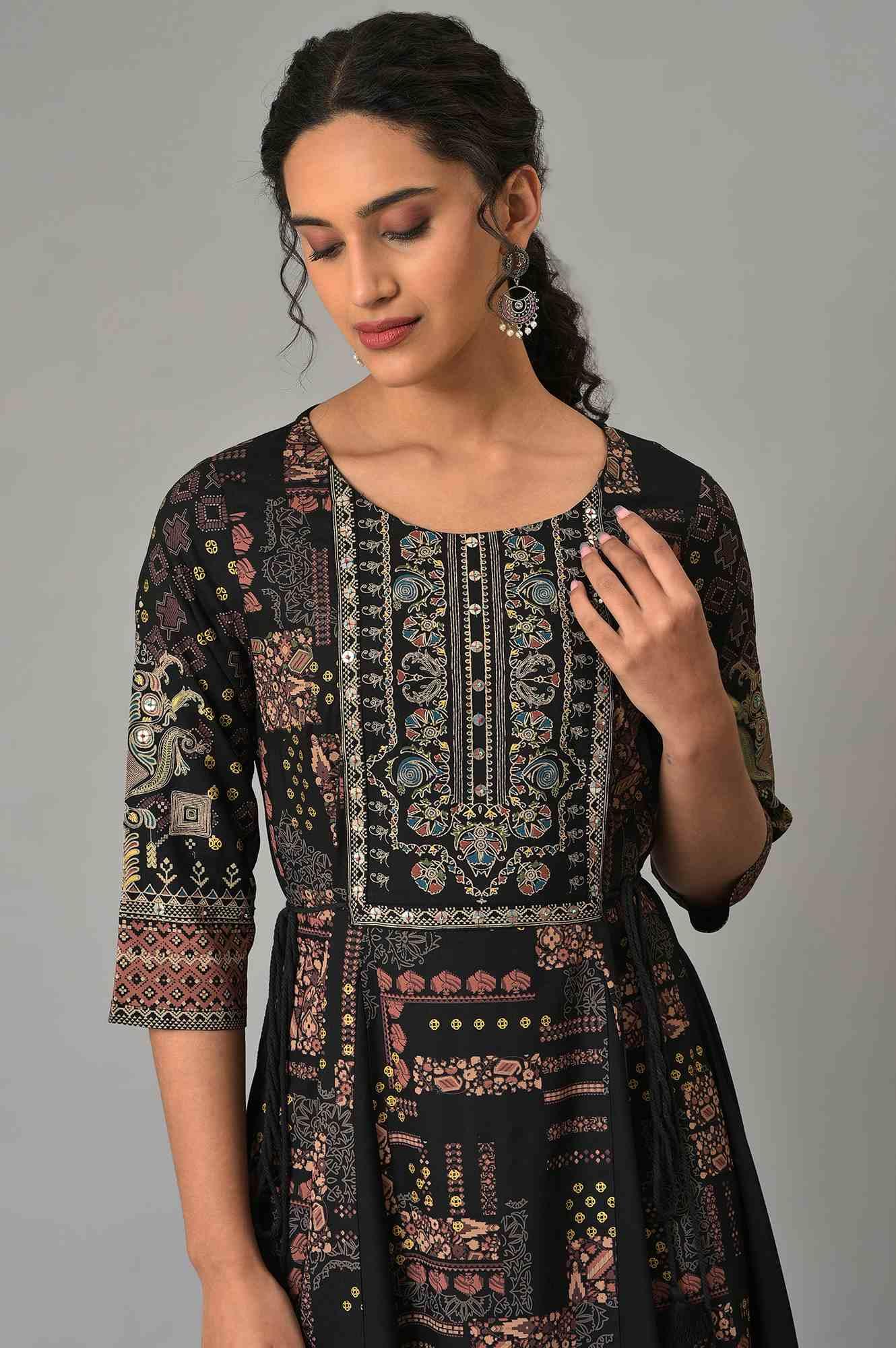 Black Printed Long Dress With Embellished Yoke - wforwoman