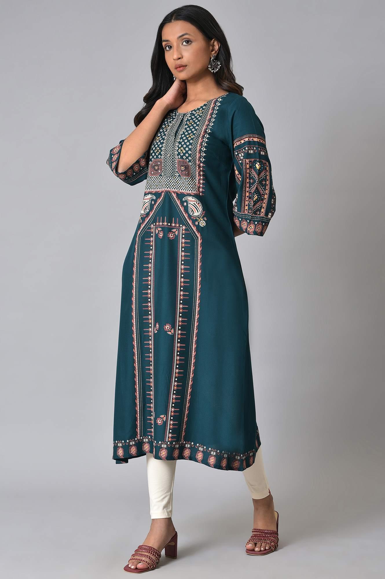 Teal Fusion A-Line kurta - wforwoman
