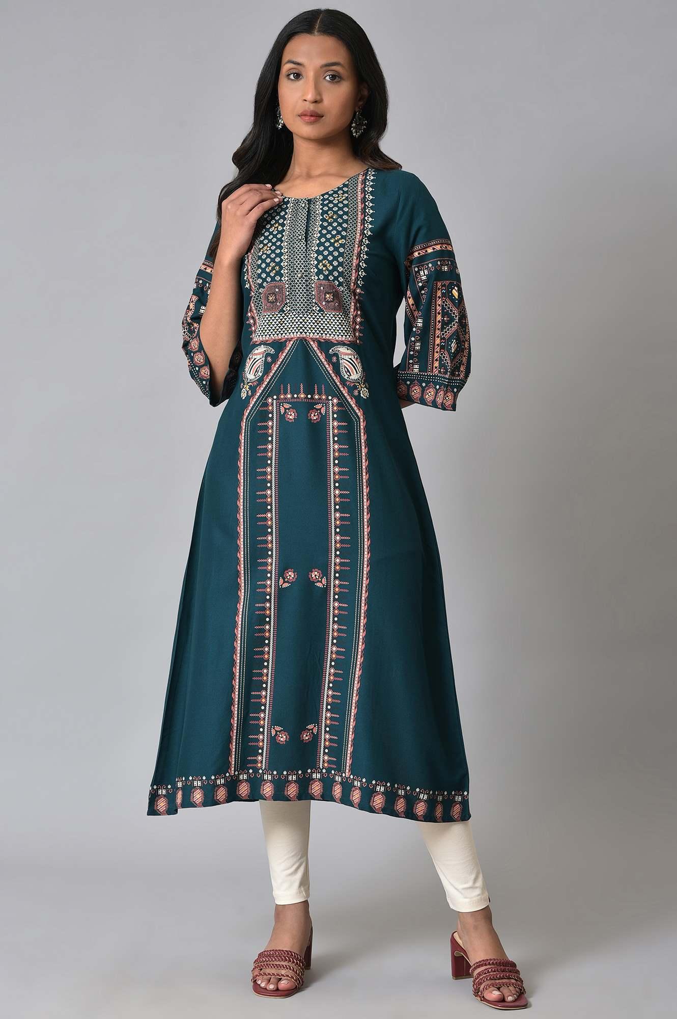 Teal Fusion A-Line kurta - wforwoman