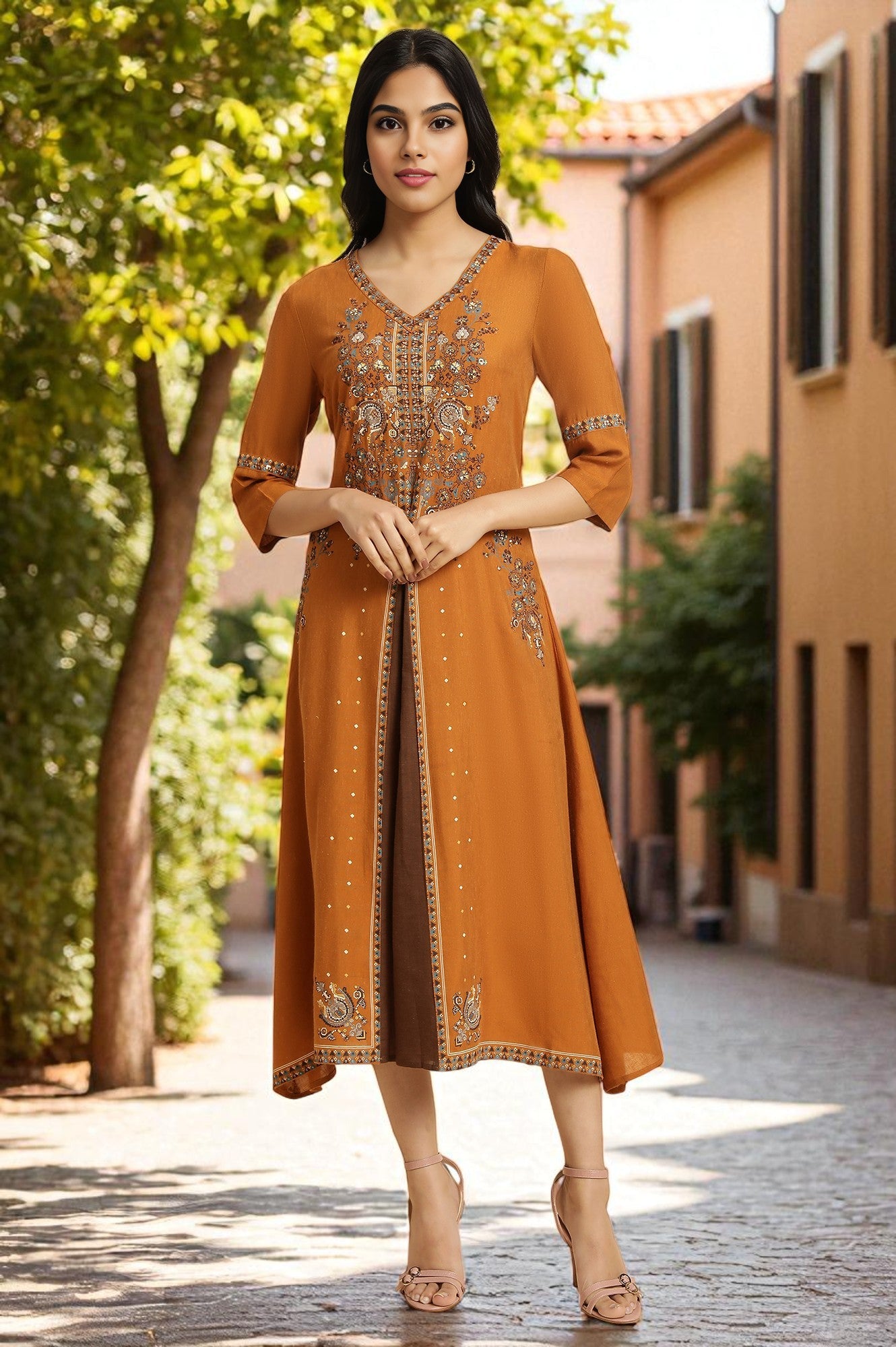 Buy Dark Yellow Printed Godget Dress Online for Woman | WforWoman Buy Dark Yellow Printed Godget Dress Online for Woman | WforWoman