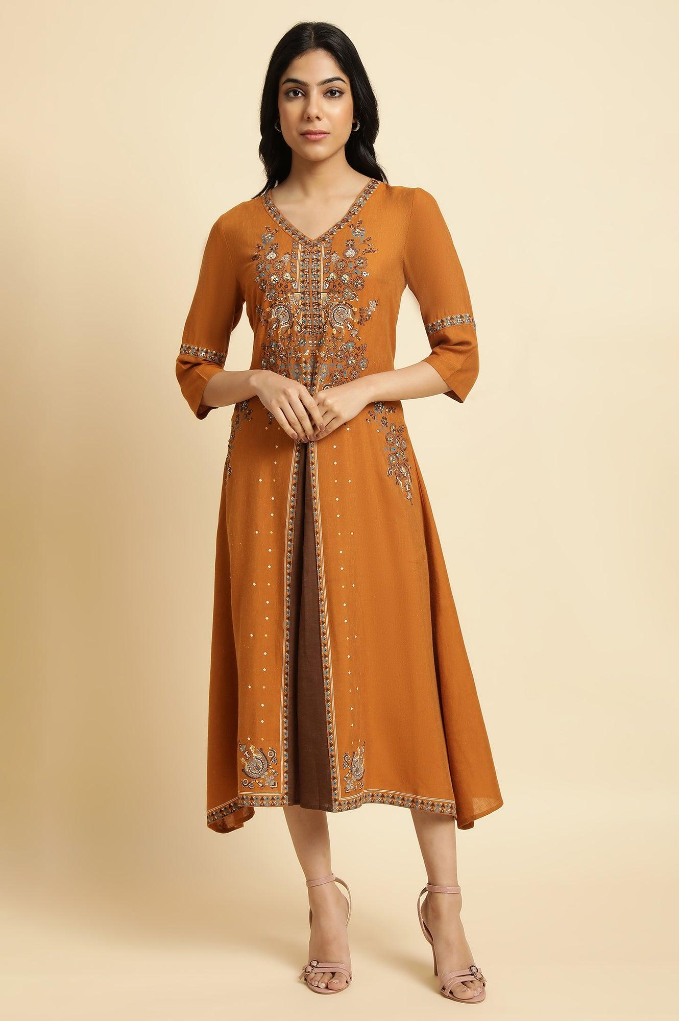 Dark Yellow Printed Plus Size Godget Dress - wforwoman