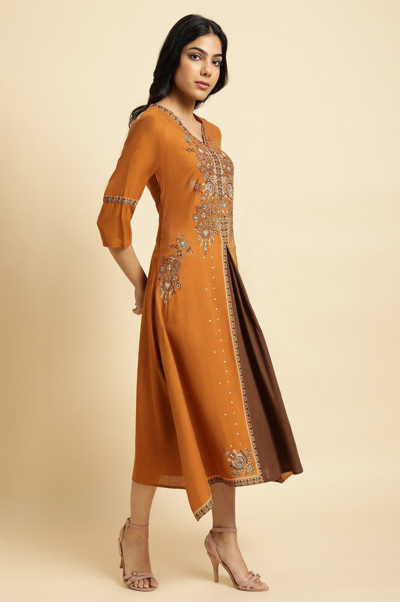 Dark Yellow Printed Plus Size Godget Dress - wforwoman