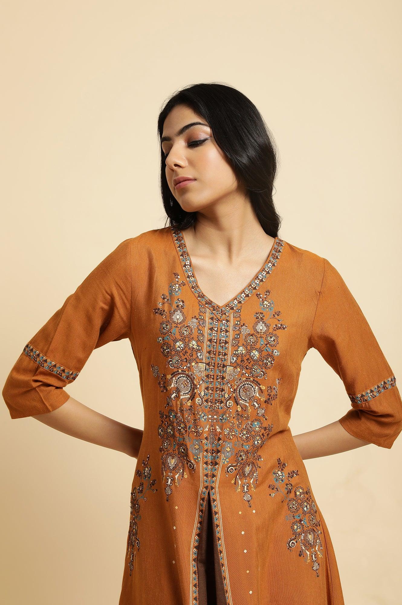 Dark Yellow Printed Plus Size Godget Dress - wforwoman