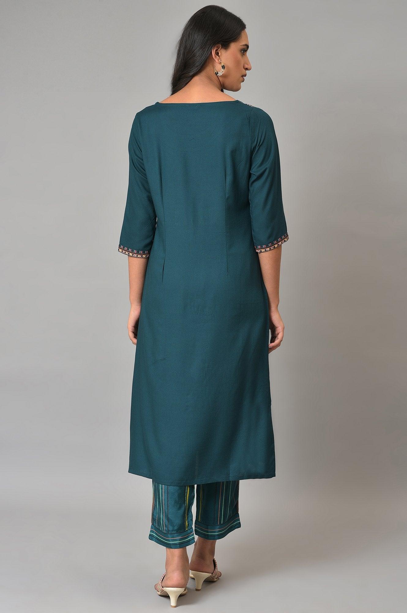 Teal Printed A-Line Mock Layer kurta - wforwoman