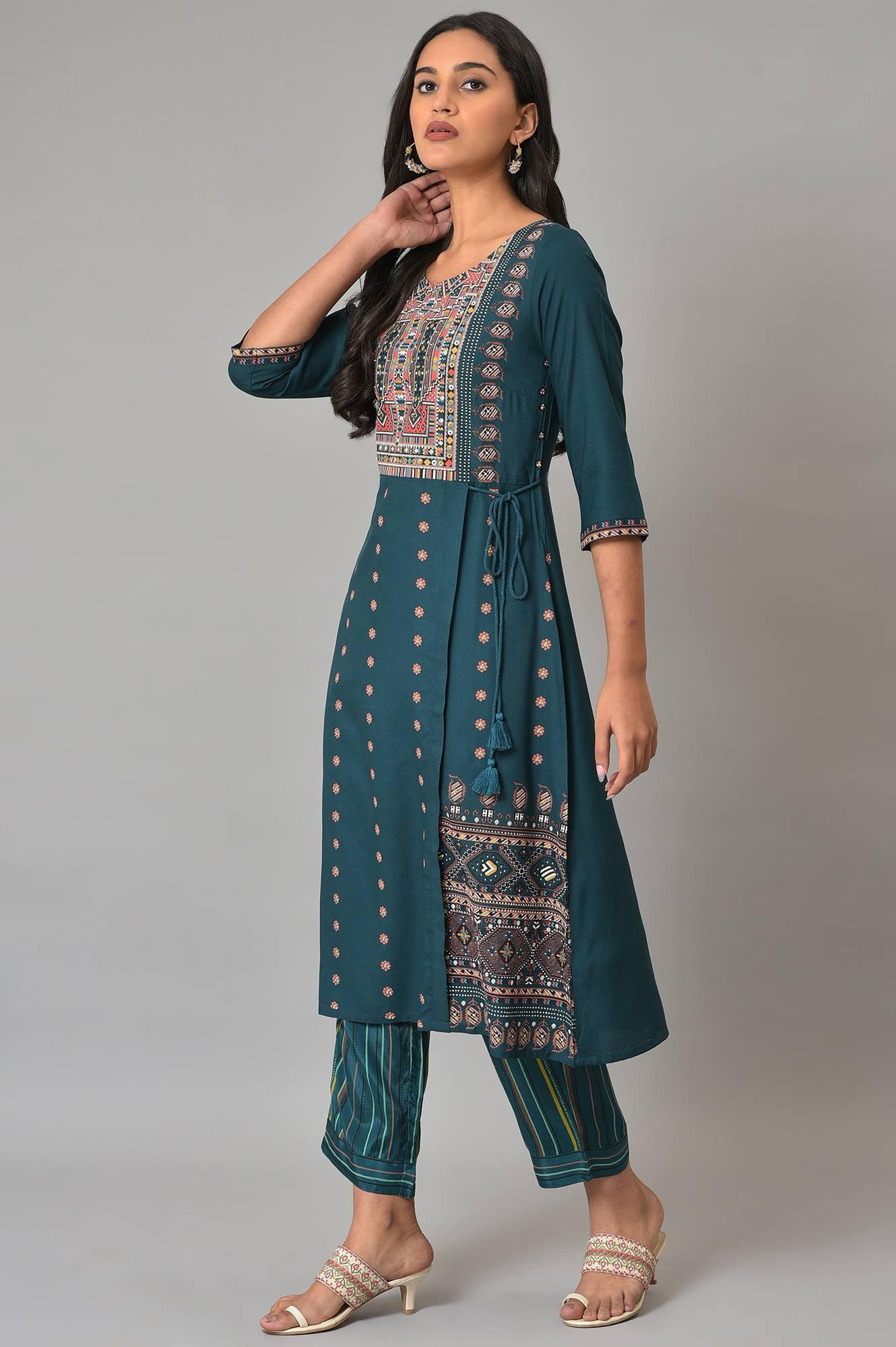 Teal Printed A-Line Mock Layer kurta - wforwoman