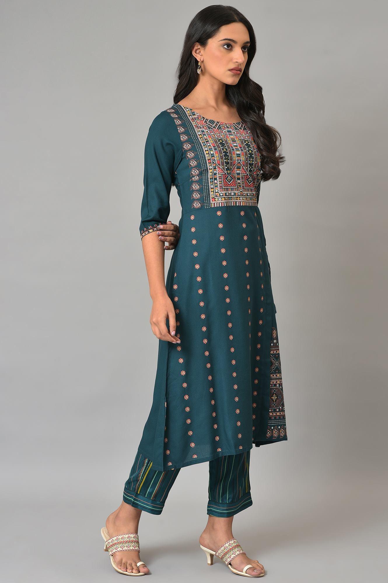Teal Printed A-Line Mock Layer kurta - wforwoman