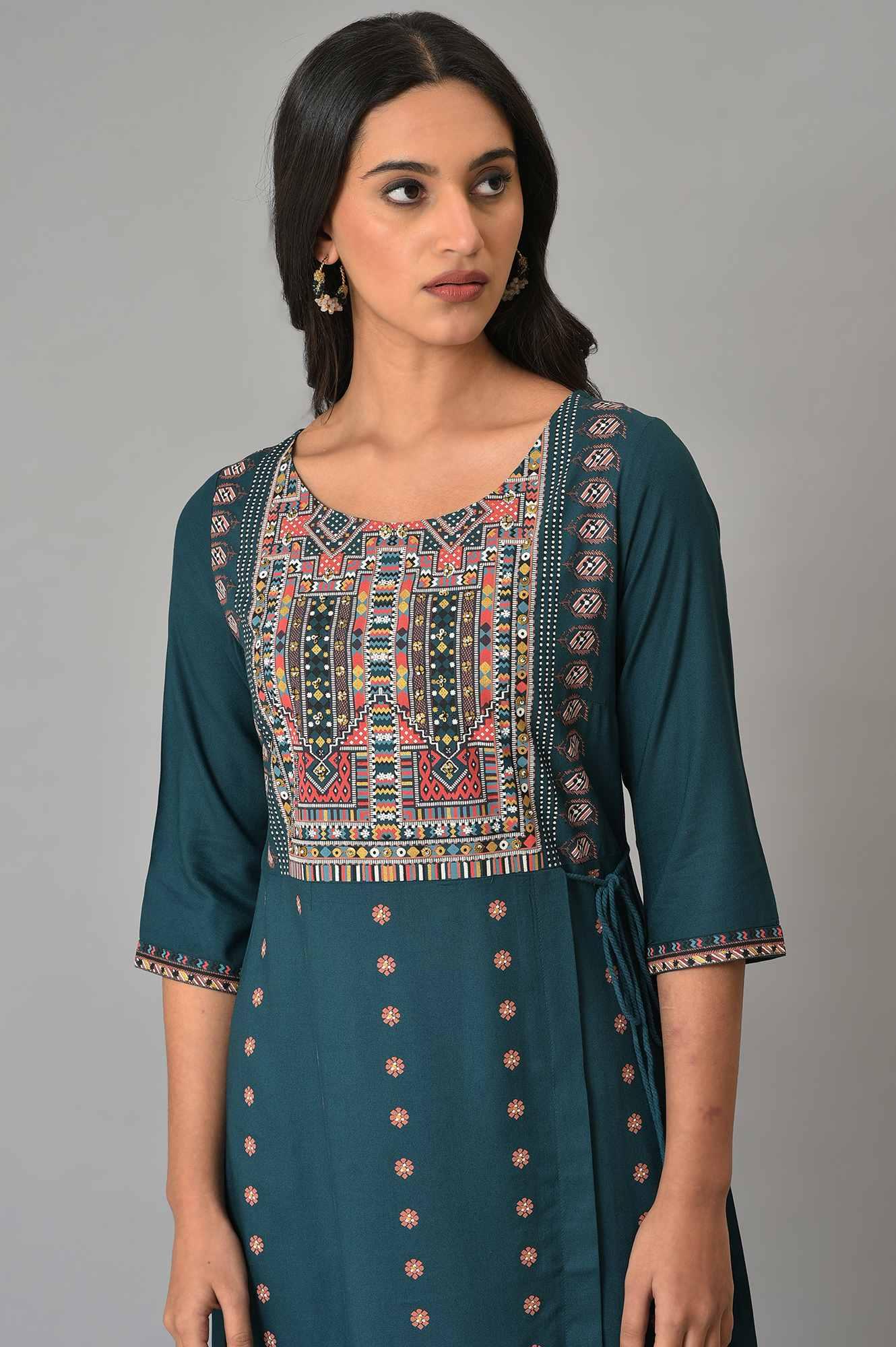 Teal Printed A-Line Mock Layer kurta - wforwoman