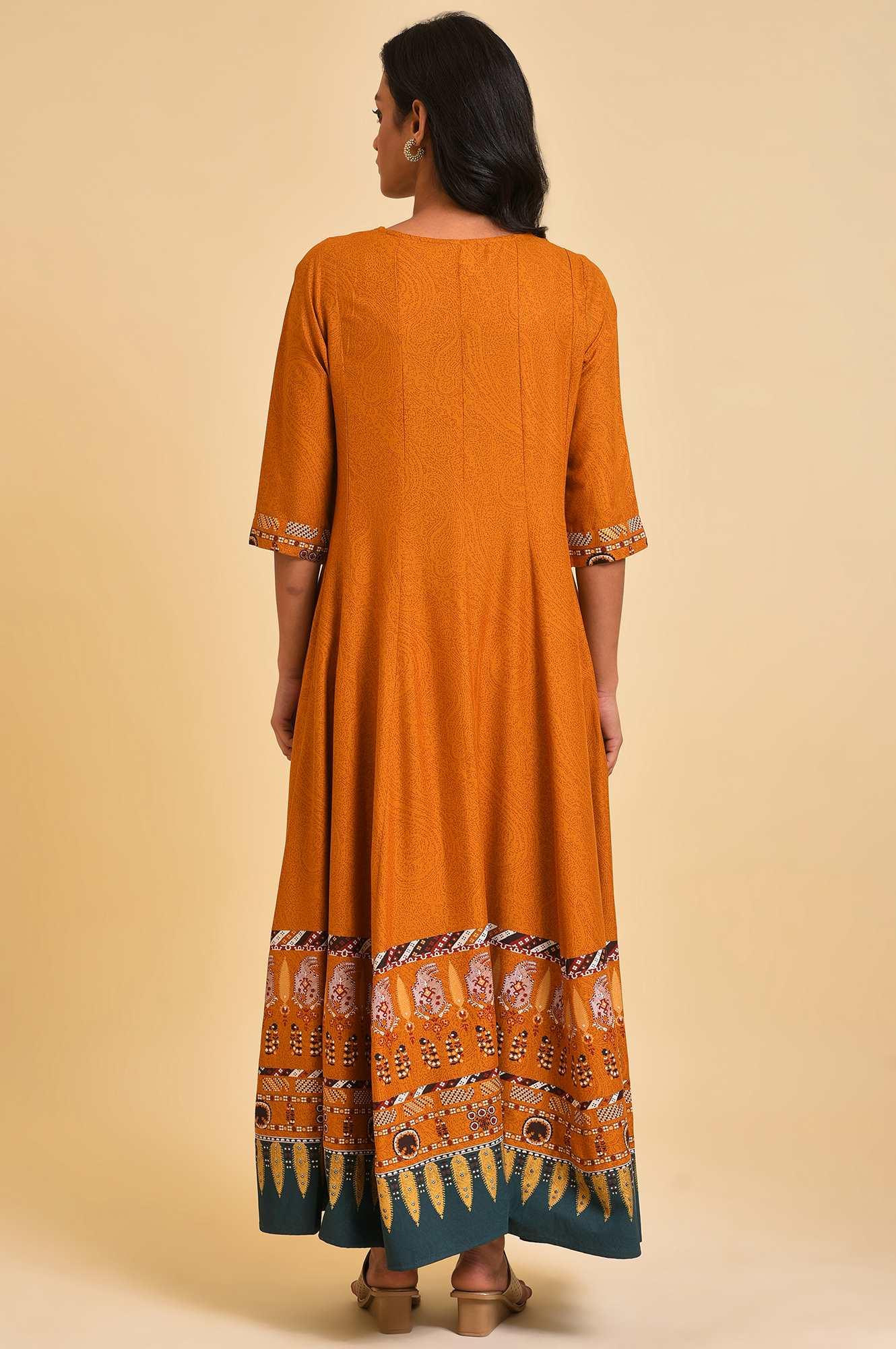 Mustard Flared Embroidered Dress - wforwoman