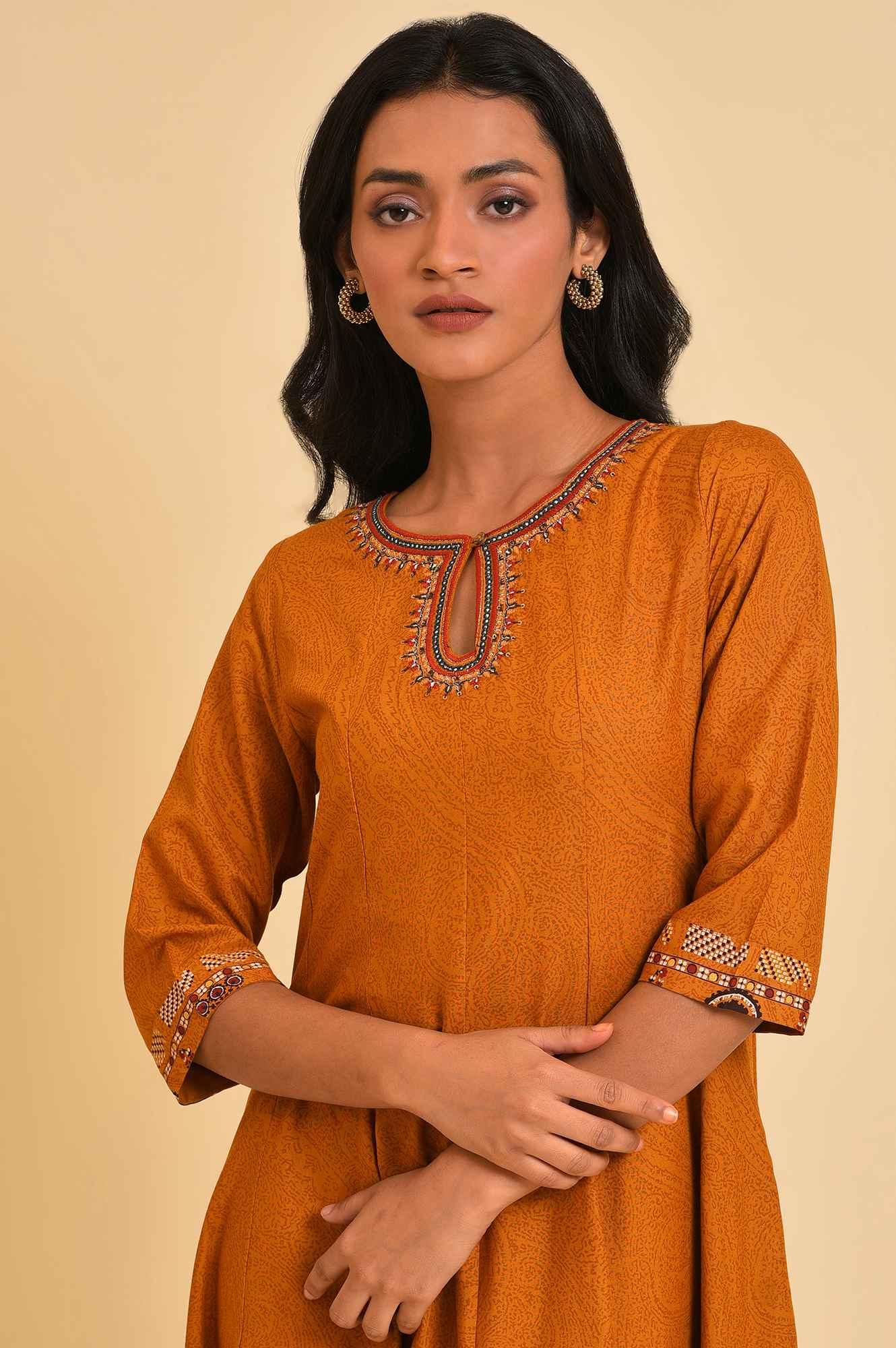 Mustard Flared Embroidered Dress - wforwoman