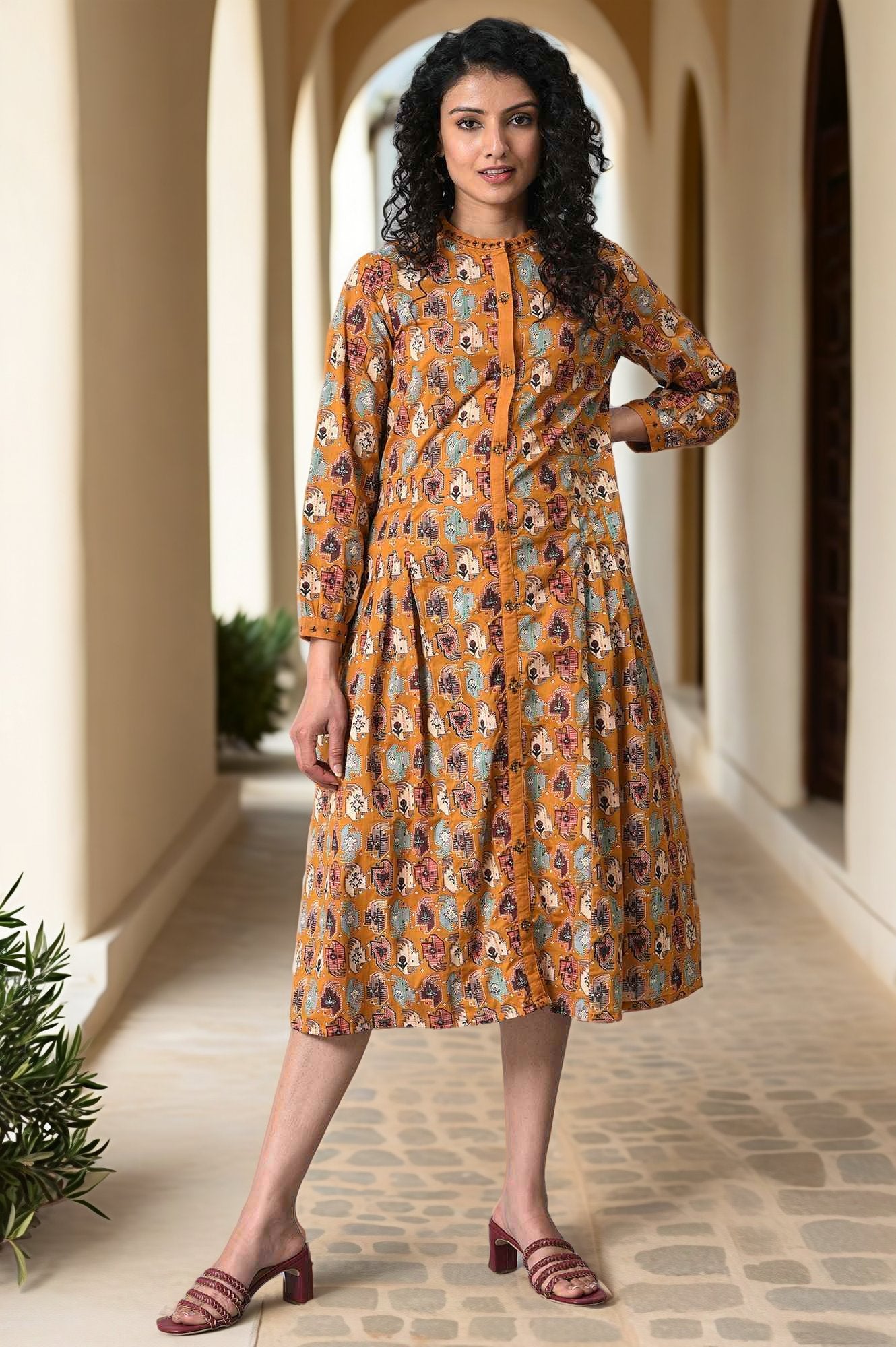 Dark Yellow Printed Pleated Shirt Dress