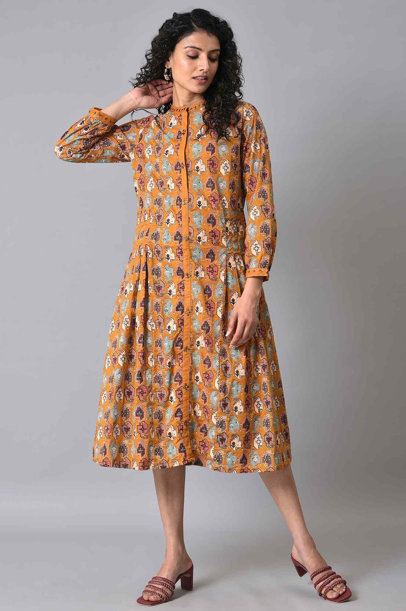 Dark Yellow Printed Pleated Plus Size Shirt Dress - wforwoman