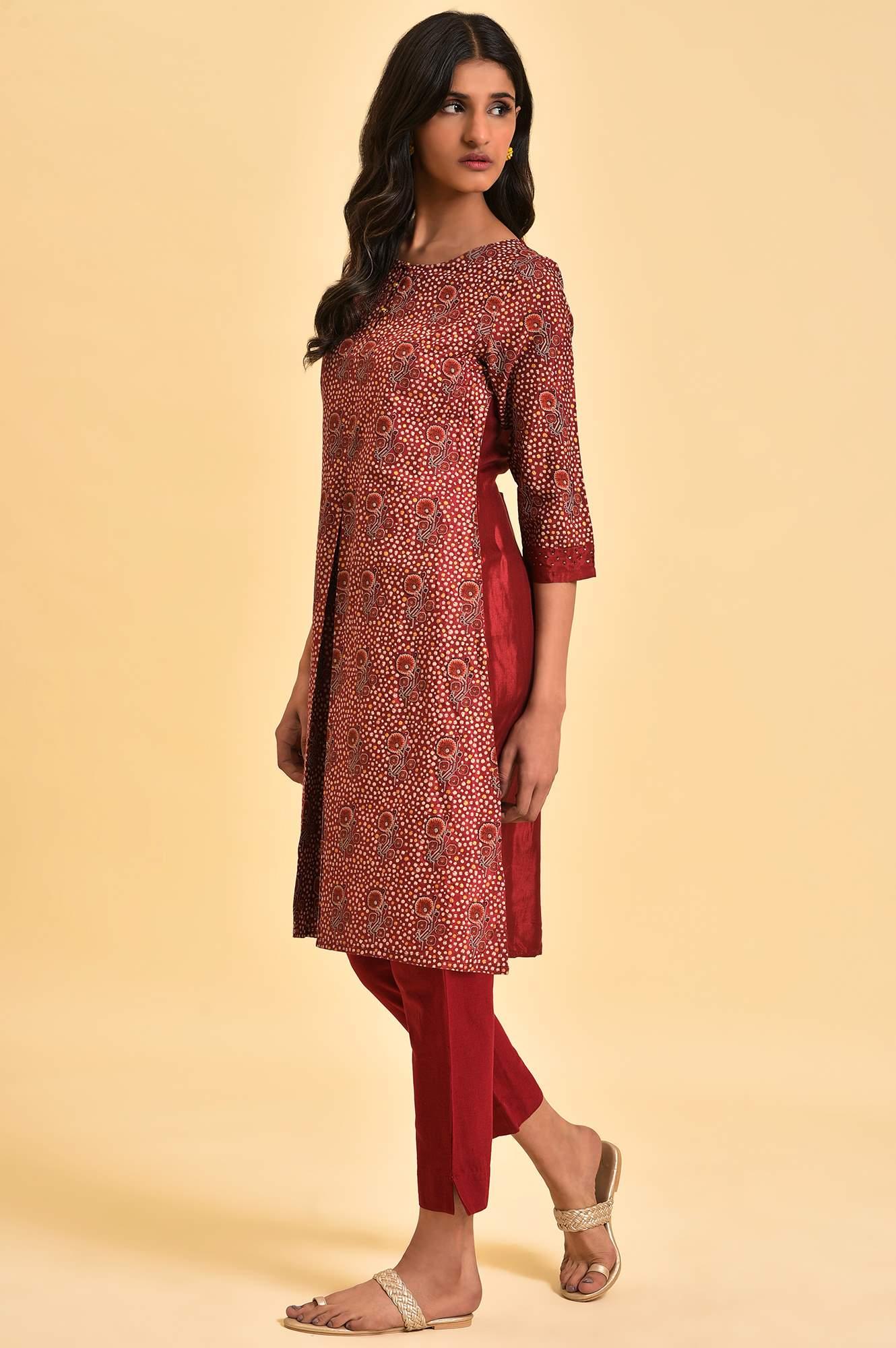 Dark Red Printed kurta With Front Pleat - wforwoman