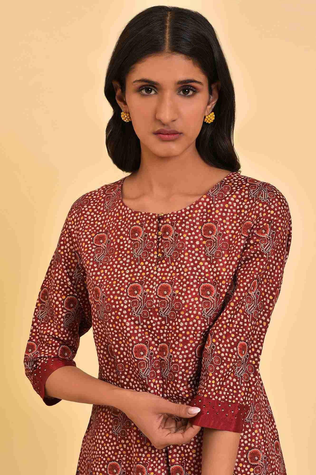 Dark Red Printed kurta With Front Pleat - wforwoman