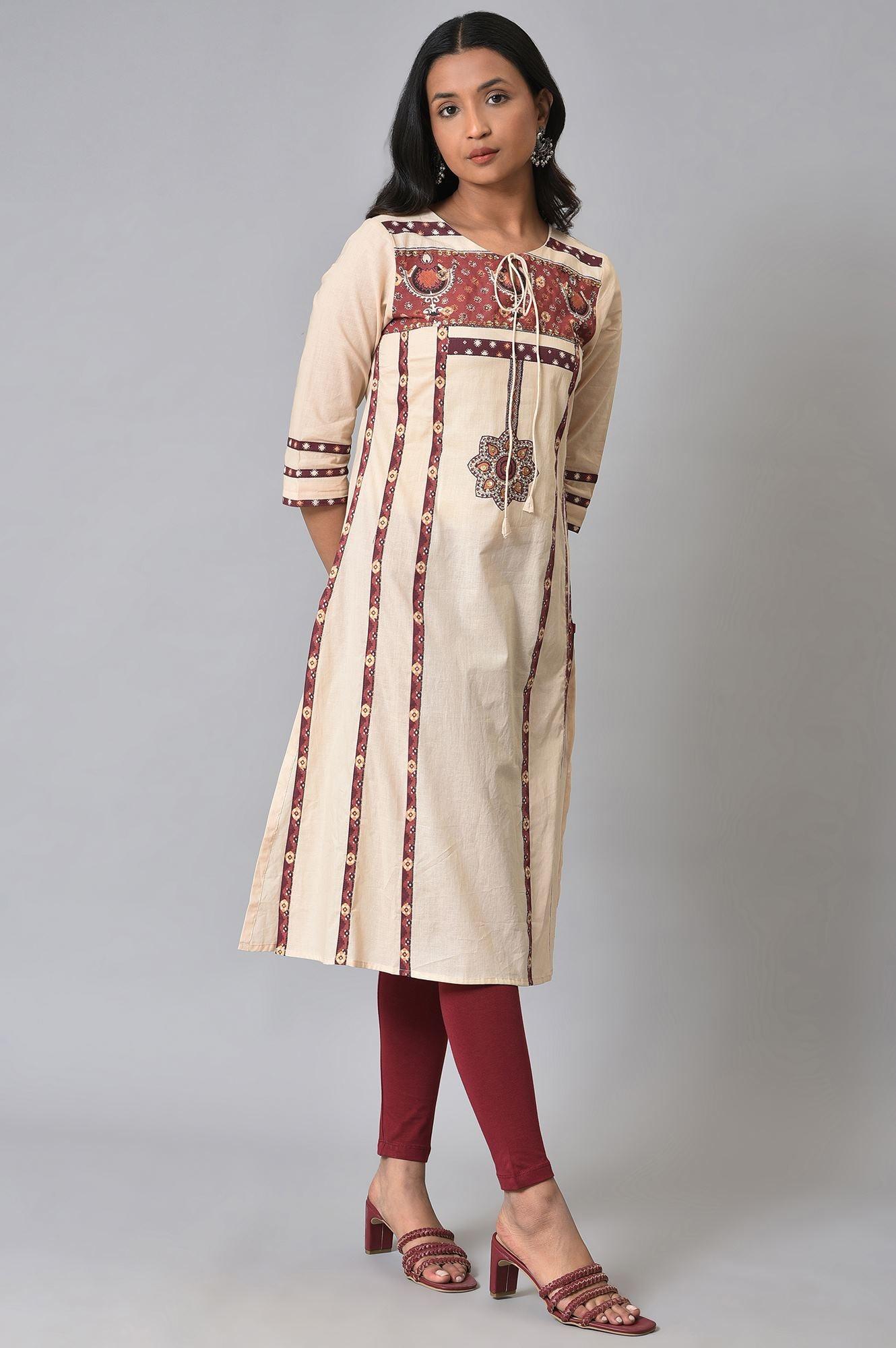 Ecru Printed Straight Summer kurta - wforwoman