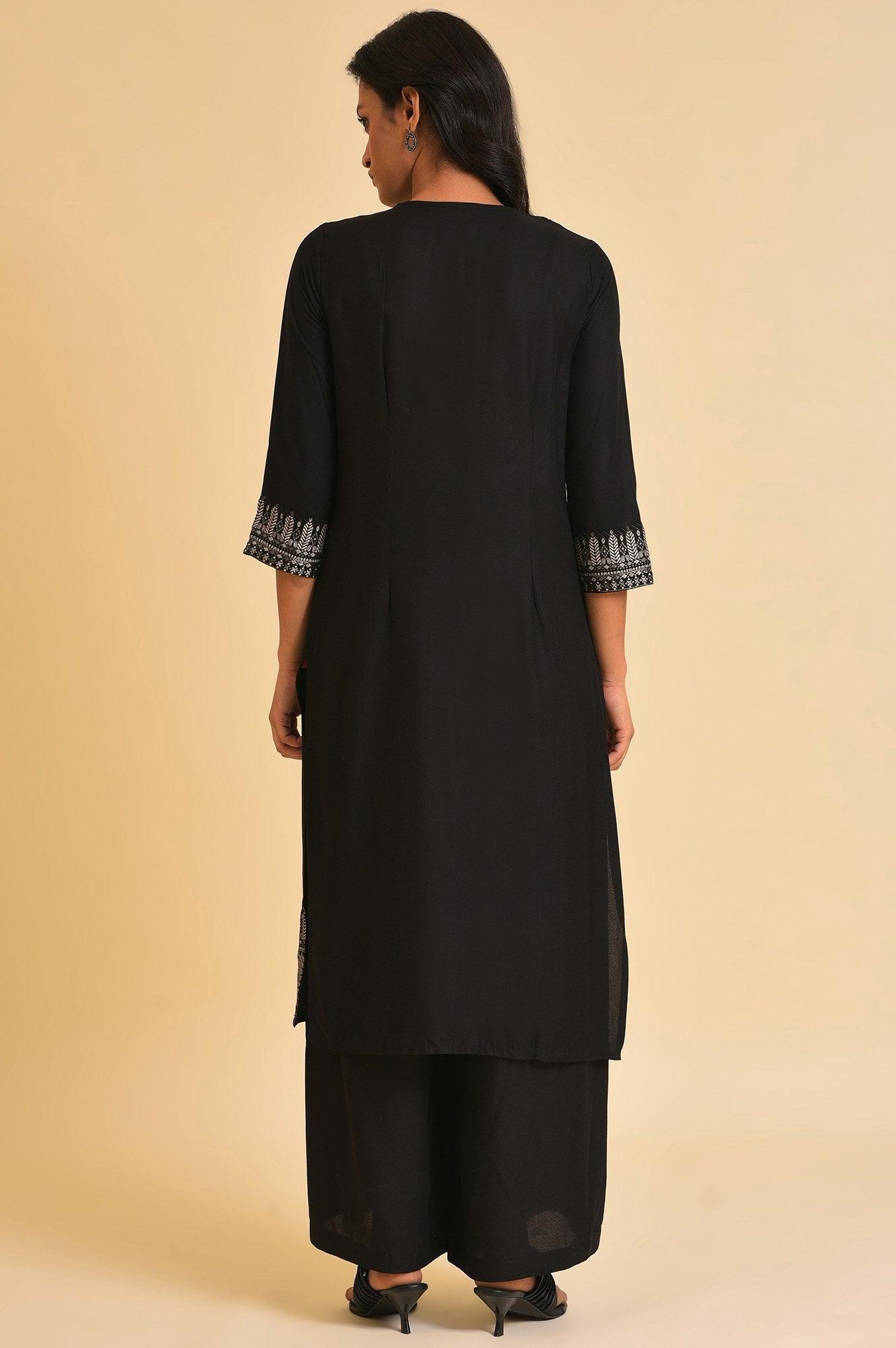 Black Placement Print A-Line kurta - wforwoman