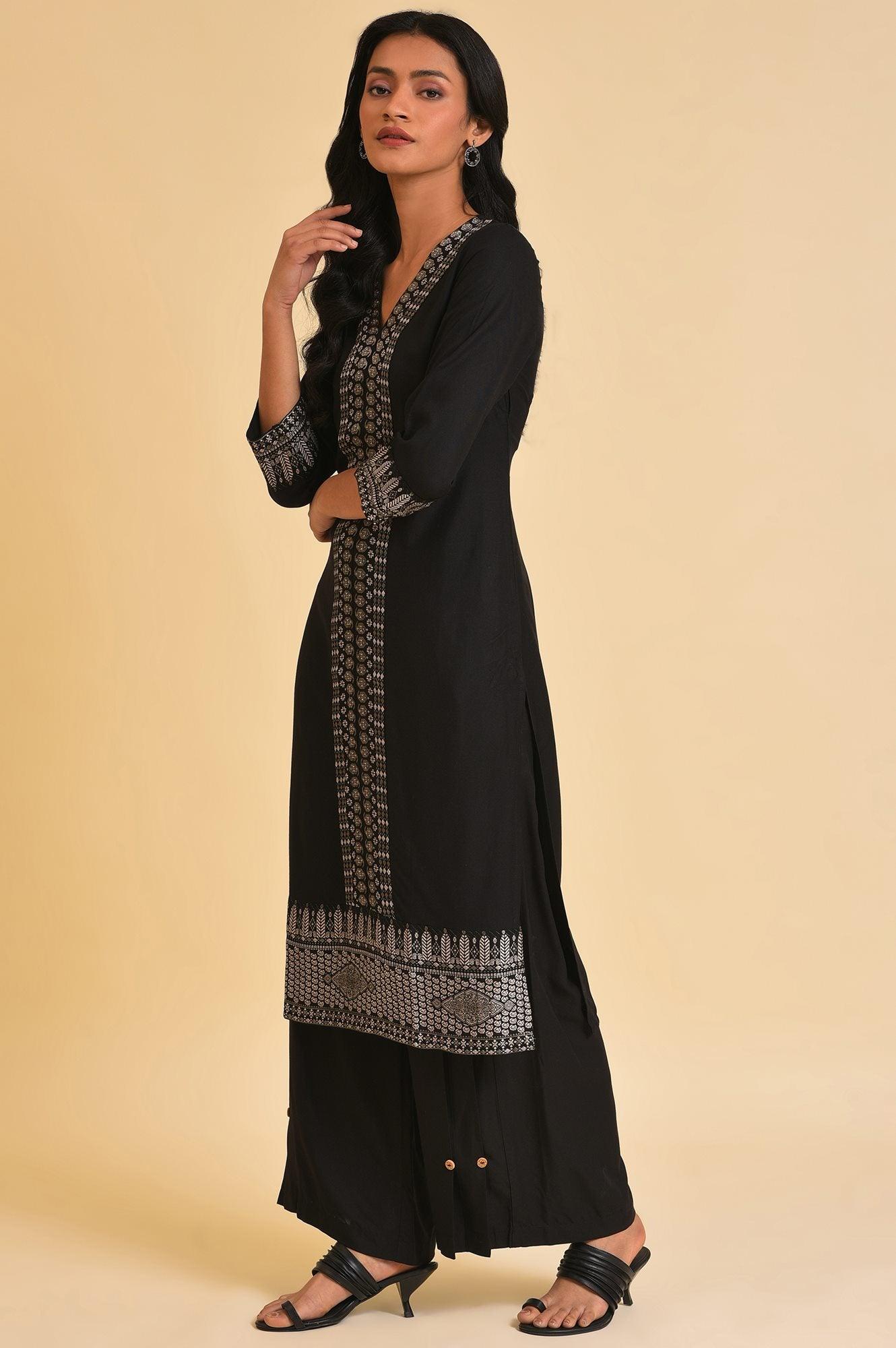 Black Placement Print A-Line kurta - wforwoman
