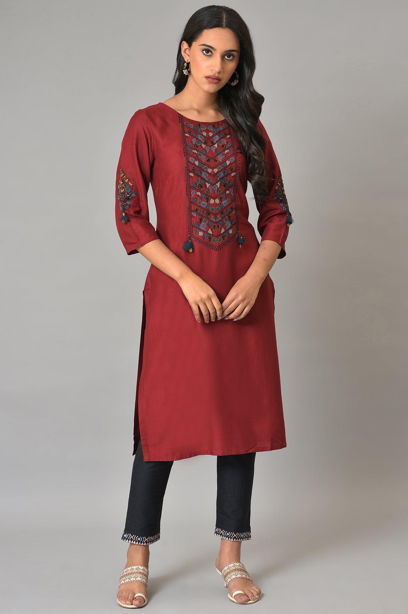 Maroon Round Neck kurta With Embroidered Yoke - wforwoman
