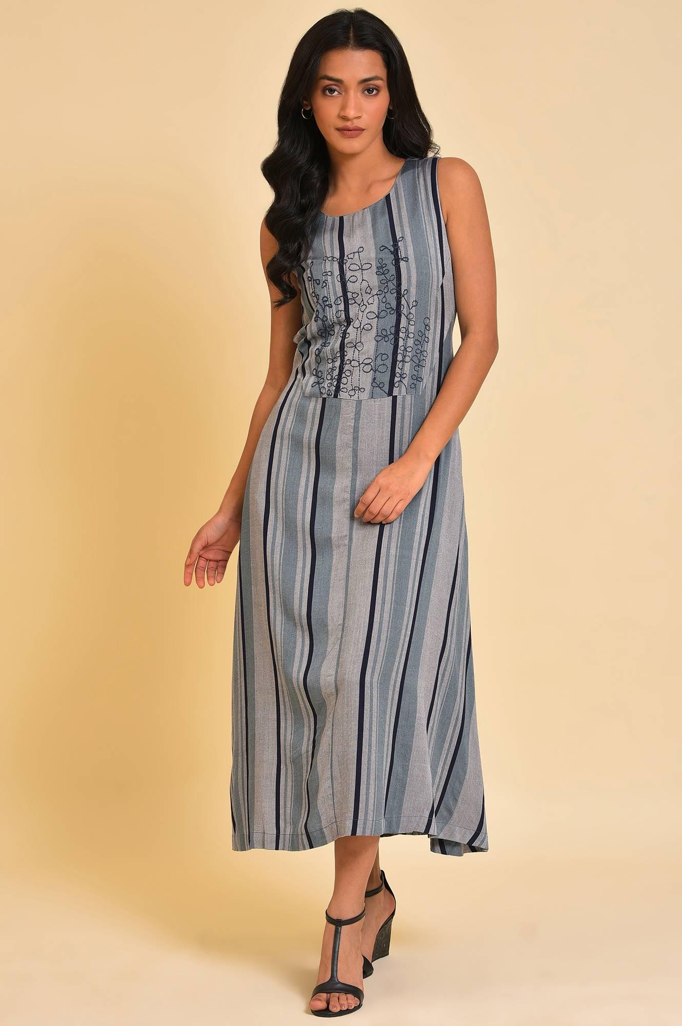Blue Yarn Dyed Stripe Printed Embroidered Dress - wforwoman