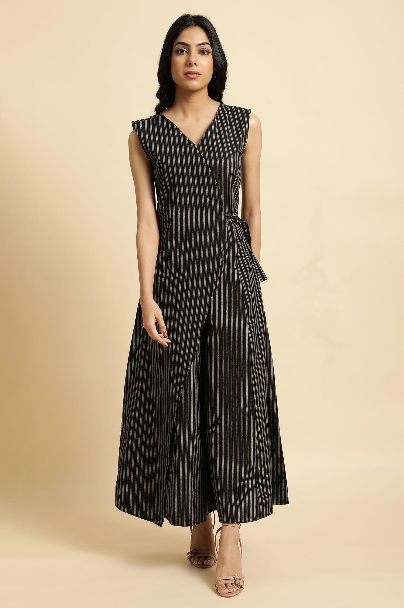 Black Striped Yarn Dyed Sleeveless Wrap Jumpsuit - wforwoman