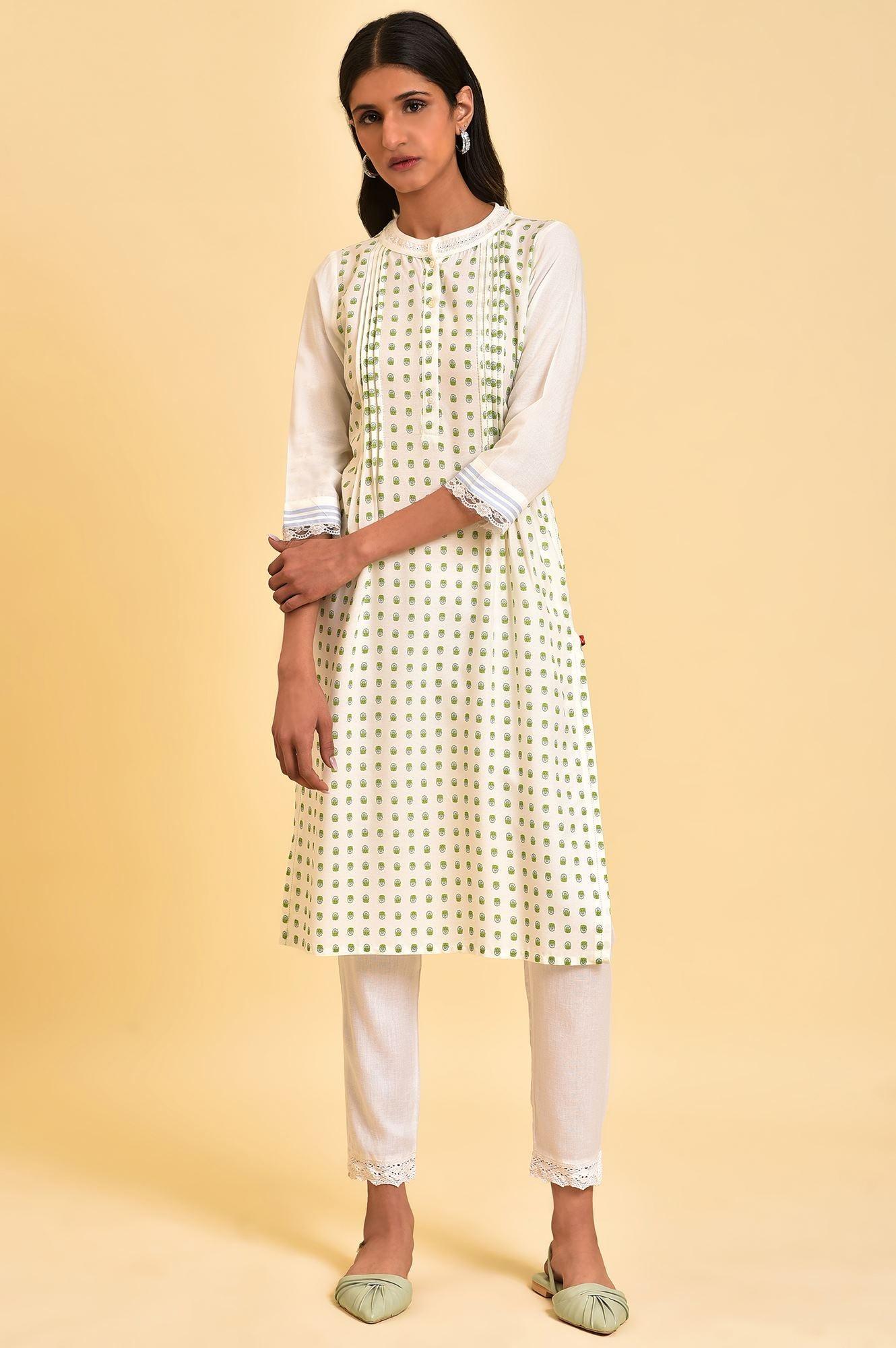 Ecru Printed Mandarin Collar kurta - wforwoman
