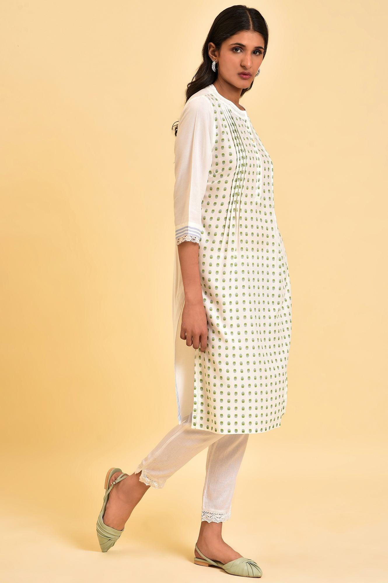 Ecru Printed Mandarin Collar kurta - wforwoman